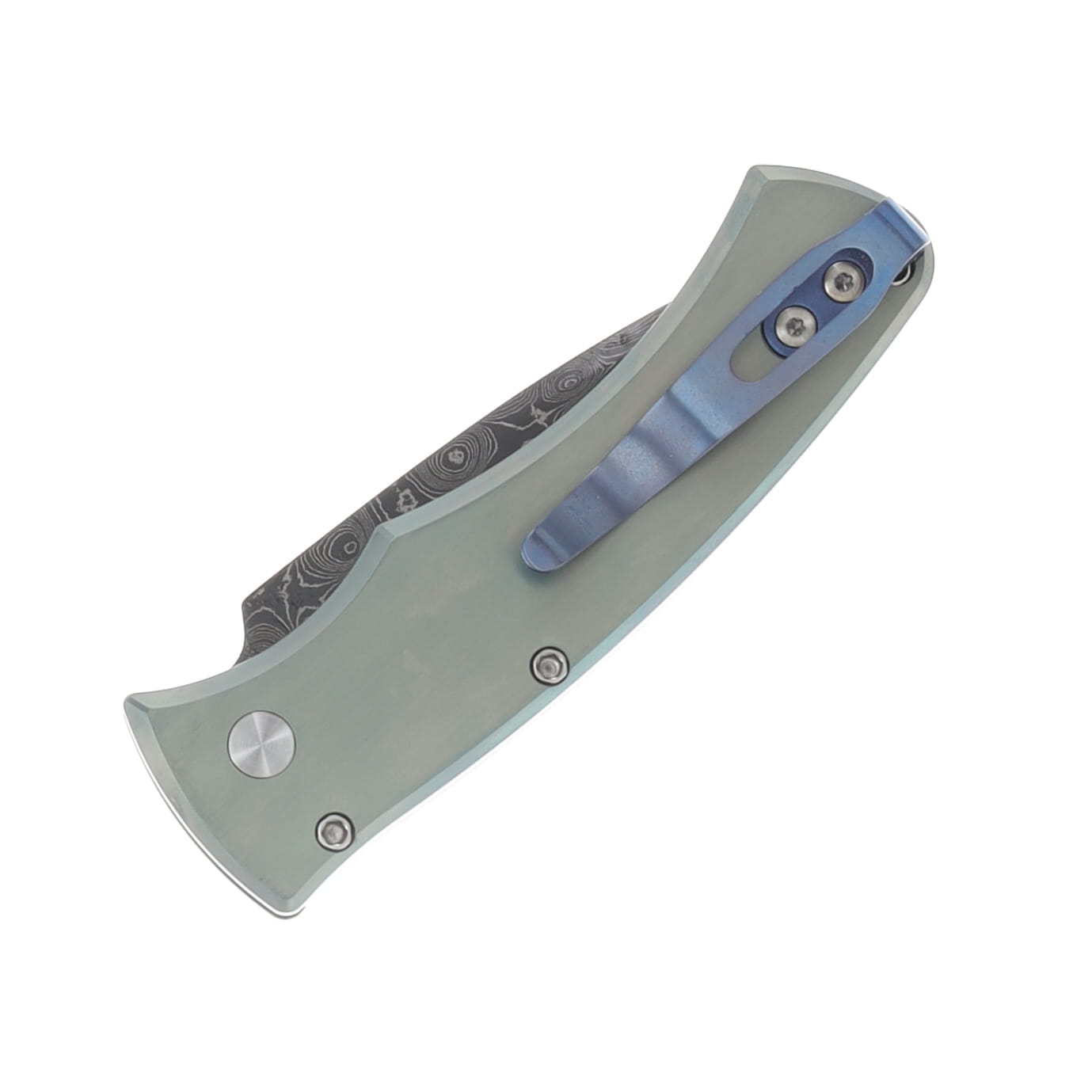 ProTech Duke Custom 005 Automatic Knife Chad Nichols Raindrop Damascus/Seafoam Green Anodized Titanium with Abalone Inlay 2026DUKECUST5 View 4