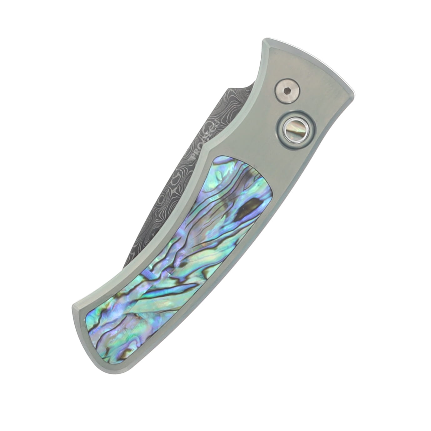 ProTech Duke Custom 005 Automatic Knife Chad Nichols Raindrop Damascus/Seafoam Green Anodized Titanium with Abalone Inlay 2026DUKECUST5 View 3