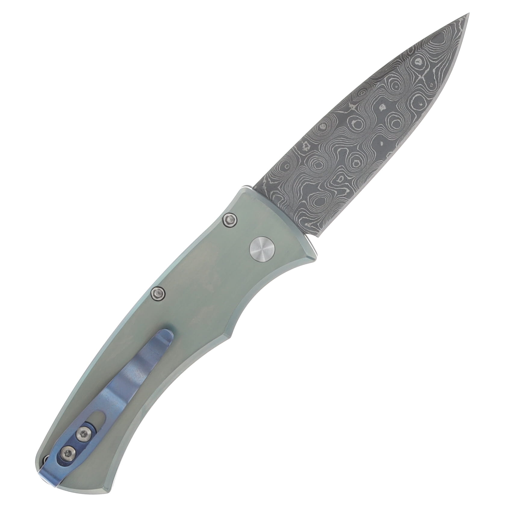 ProTech Duke Custom 005 Automatic Knife Chad Nichols Raindrop Damascus/Seafoam Green Anodized Titanium with Abalone Inlay 2026DUKECUST5 View 2