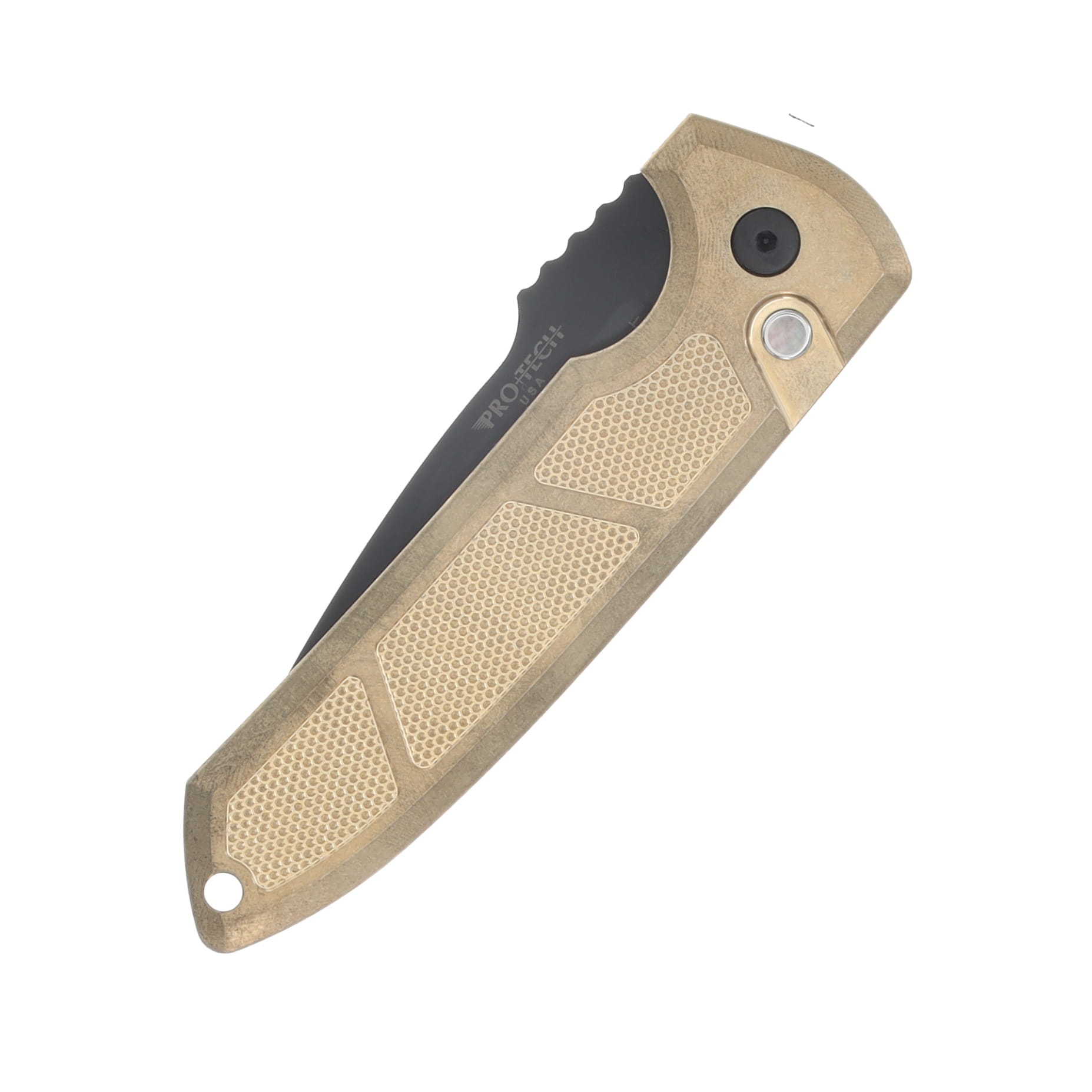 ProTech Rockeye Automatic Knife Black DLC Magnacut/Textured Bronze Aluminum with Pearl Button LG3136 View 3
