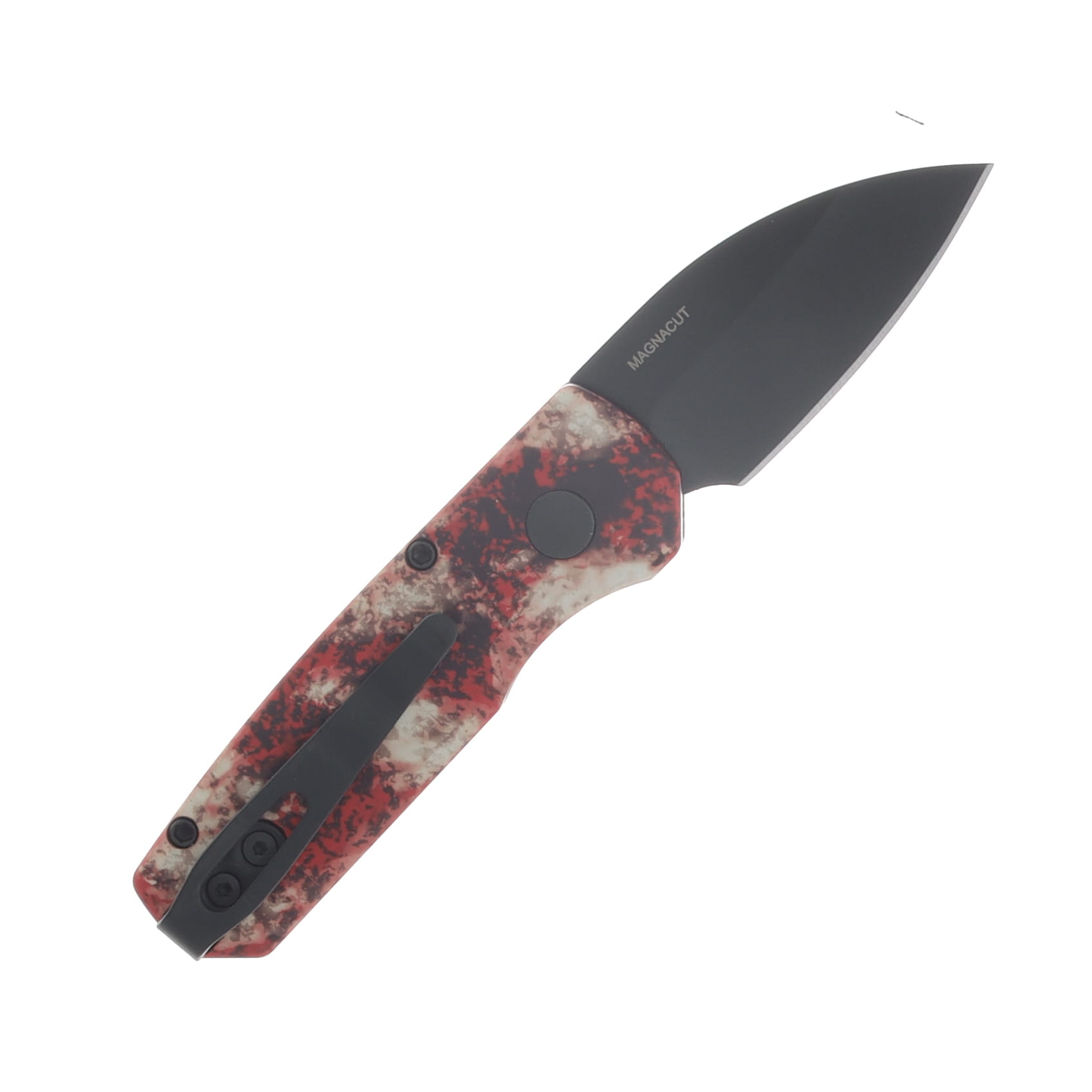 ProTech Runt 5 Automatic Knife Black DLC Magnacut Wharncliffe/Crimson Tiger Camo Custom Anodized Aluminum with Black Pearl Button R5303-CTC View 2
