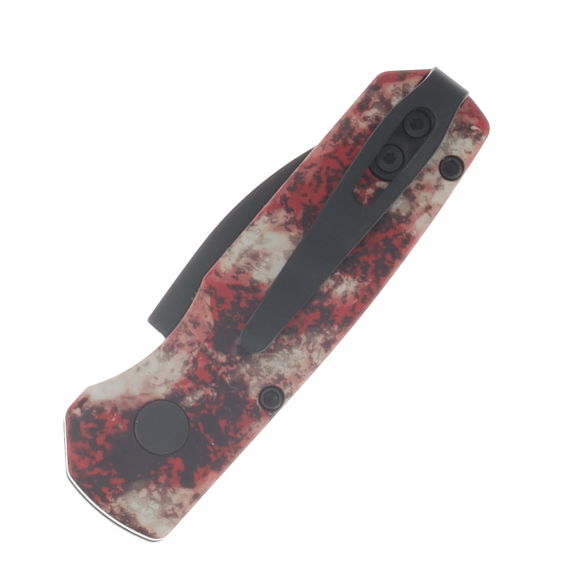 ProTech Runt 5 Automatic Knife Black DLC Magnacut Wharncliffe/Crimson Tiger Camo Custom Anodized Aluminum with Black Pearl Button R5303-CTC View 4