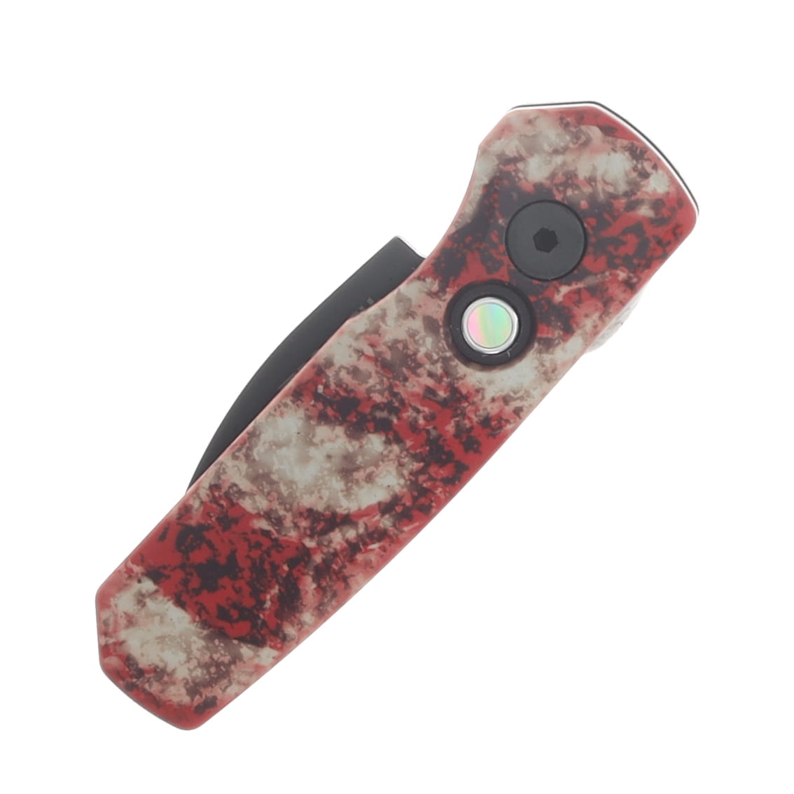 ProTech Runt 5 Automatic Knife Black DLC Magnacut Wharncliffe/Crimson Tiger Camo Custom Anodized Aluminum with Black Pearl Button R5303-CTC View 3