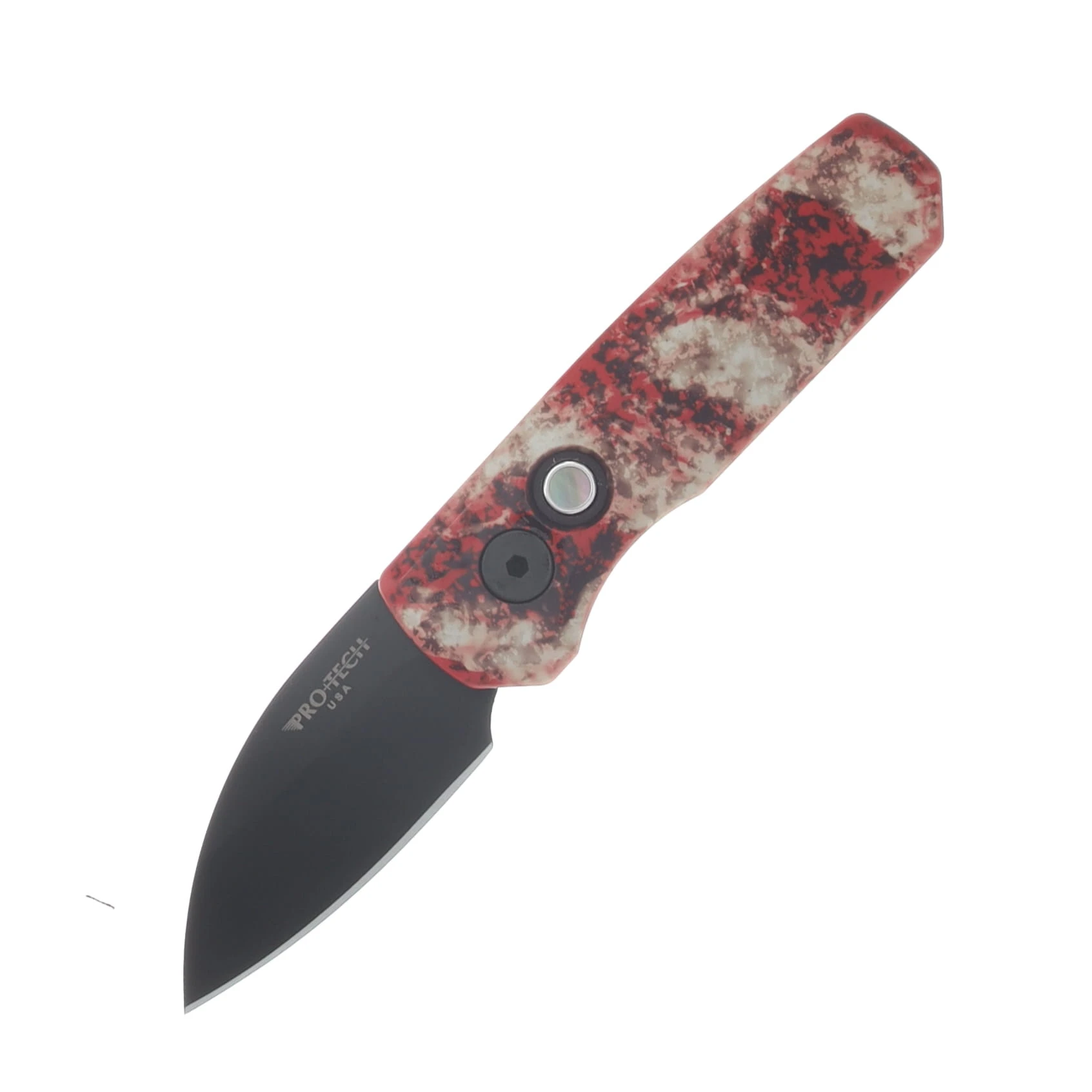 ProTech Runt 5 Automatic Knife Black DLC Magnacut Wharncliffe/Crimson Tiger Camo Custom Anodized Aluminum with Black Pearl Button R5303-CTC View 1