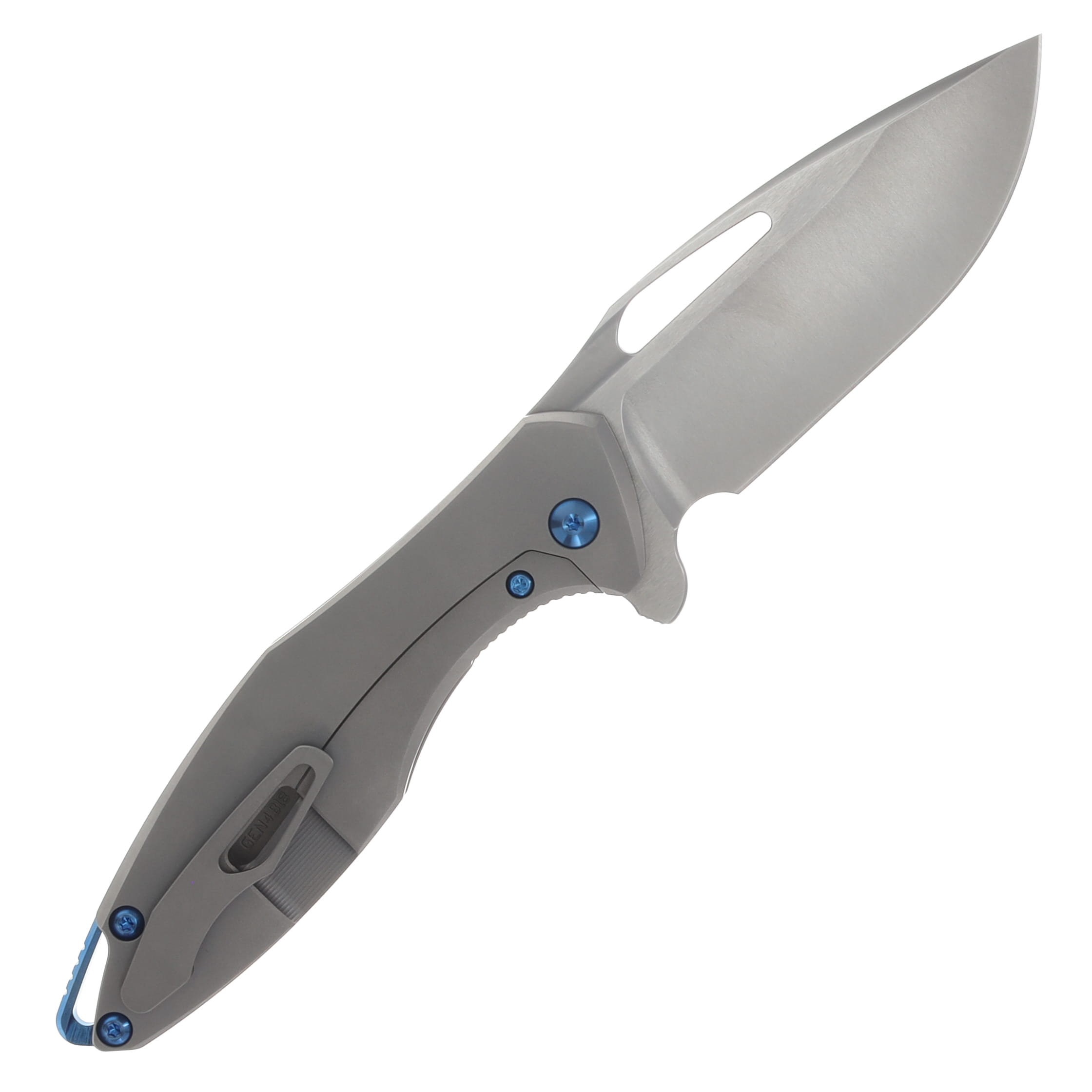 Koenig Arius Folder M390 Burnished w/PF Bld 6AL4V TI Smooth Handle w/Blue Hardware AR11111221 View 2