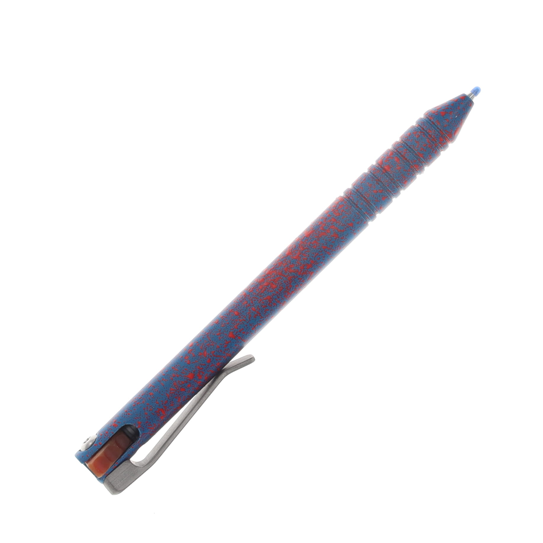 Maverick Customs Flipper Universal Pen Blue Bloodsplatter Cerakote Aluminum with Butterscotch Micarta Flipper and Milled Stonewash Titanium Clip MCACBBBBMFMSTC View 5