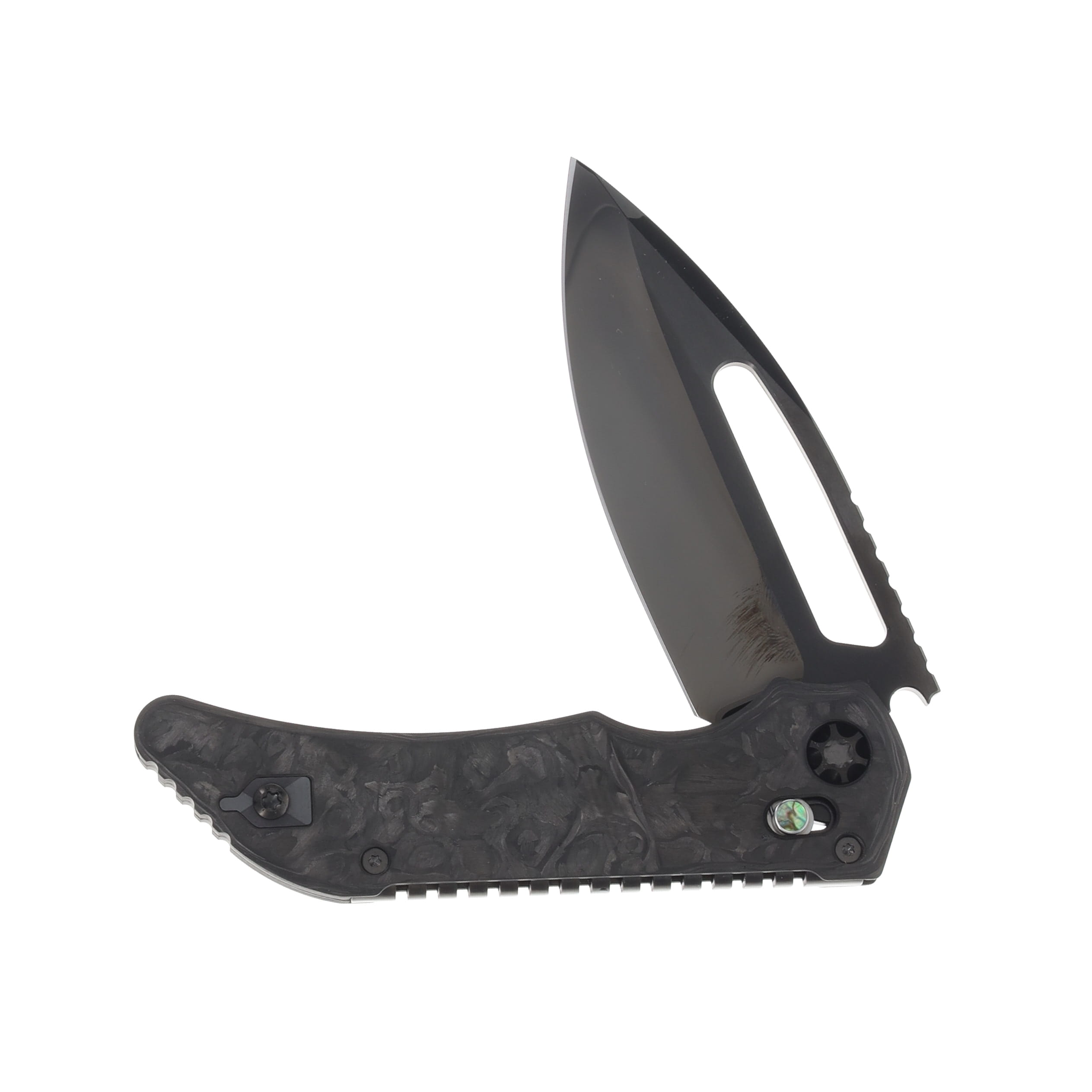 Heretic Knives Koschei Marbled Carbon Fiber Scales DLC Hardware Abalone Button Inlay Hand Ground DLC High Polish M390 Blade HKKMCF View 3