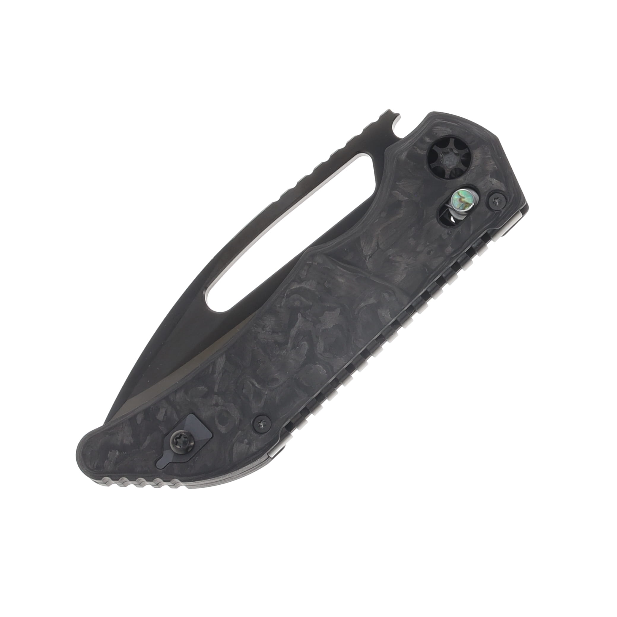Heretic Knives Koschei Marbled Carbon Fiber Scales DLC Hardware Abalone Button Inlay Hand Ground DLC High Polish M390 Blade HKKMCF View 6