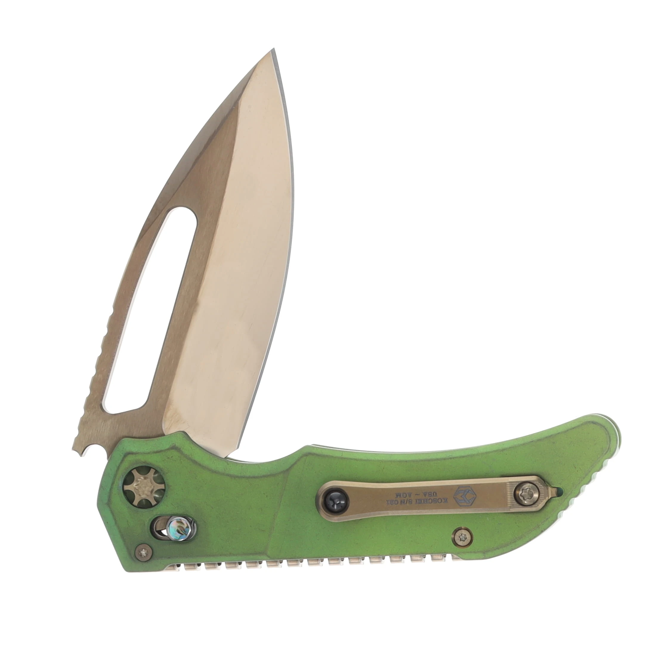 Heretic Koschei Folding Knife Bronze Cracked Ice M390/Antique Green Titanium with Bronze Hardware and Abalone Button HKKAGT View 4