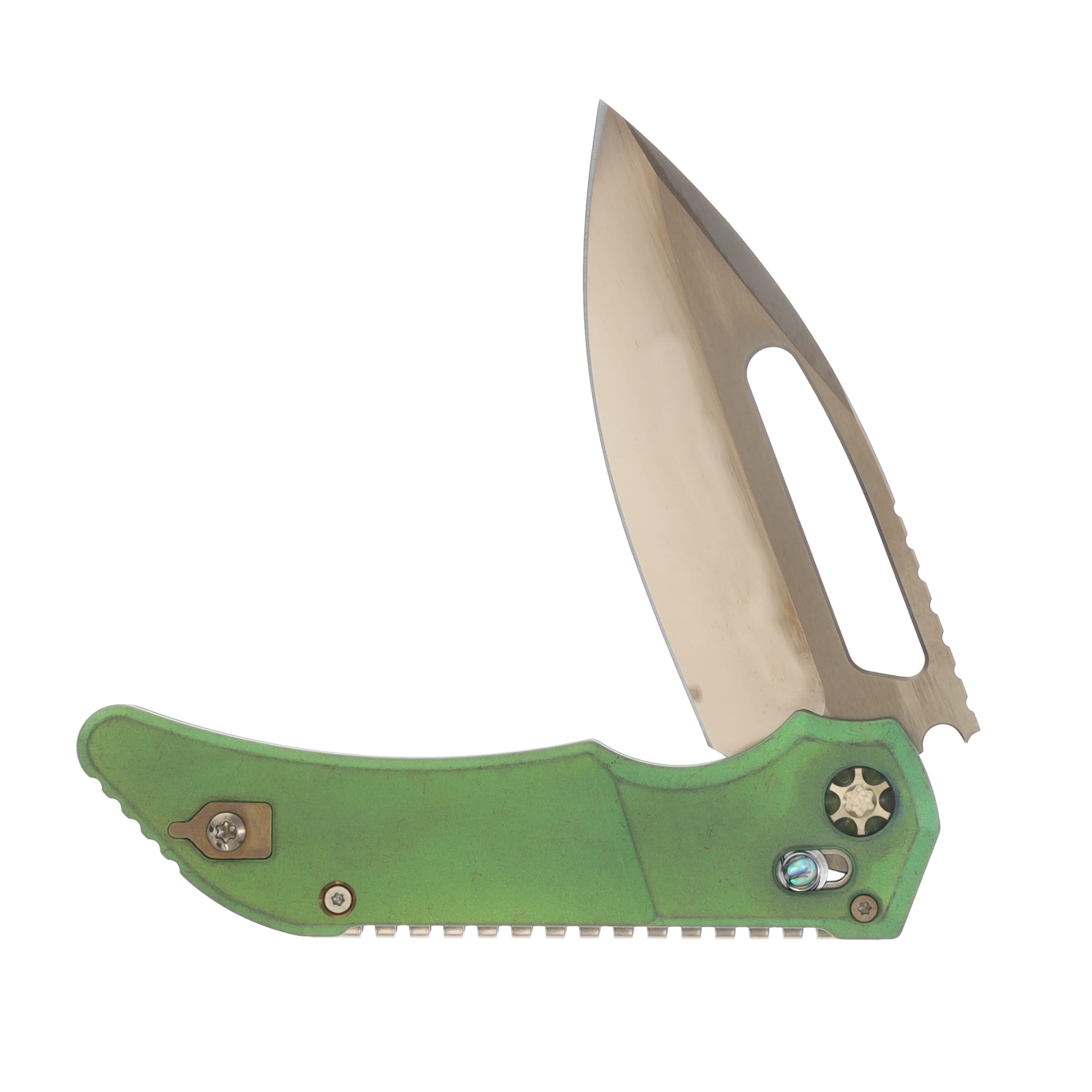 Heretic Koschei Folding Knife Bronze Cracked Ice M390/Antique Green Titanium with Bronze Hardware and Abalone Button HKKAGT View 3