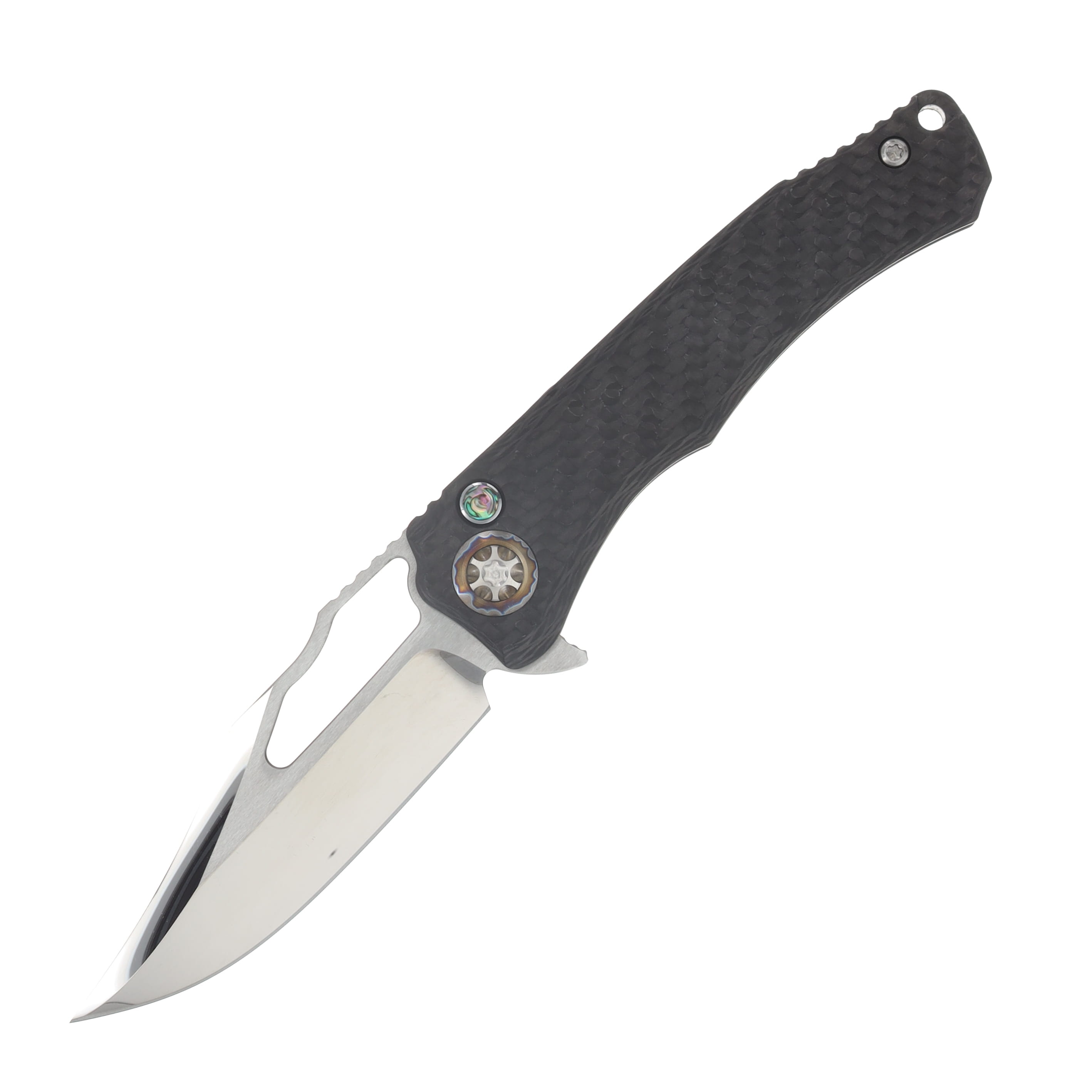 Heretic Knives Wraith Manual Carbon Fiber Handle Mother Of Pearl Button Inlay Hand Ground Bowie Cracked Ice M390 Blade HKWCF View 1