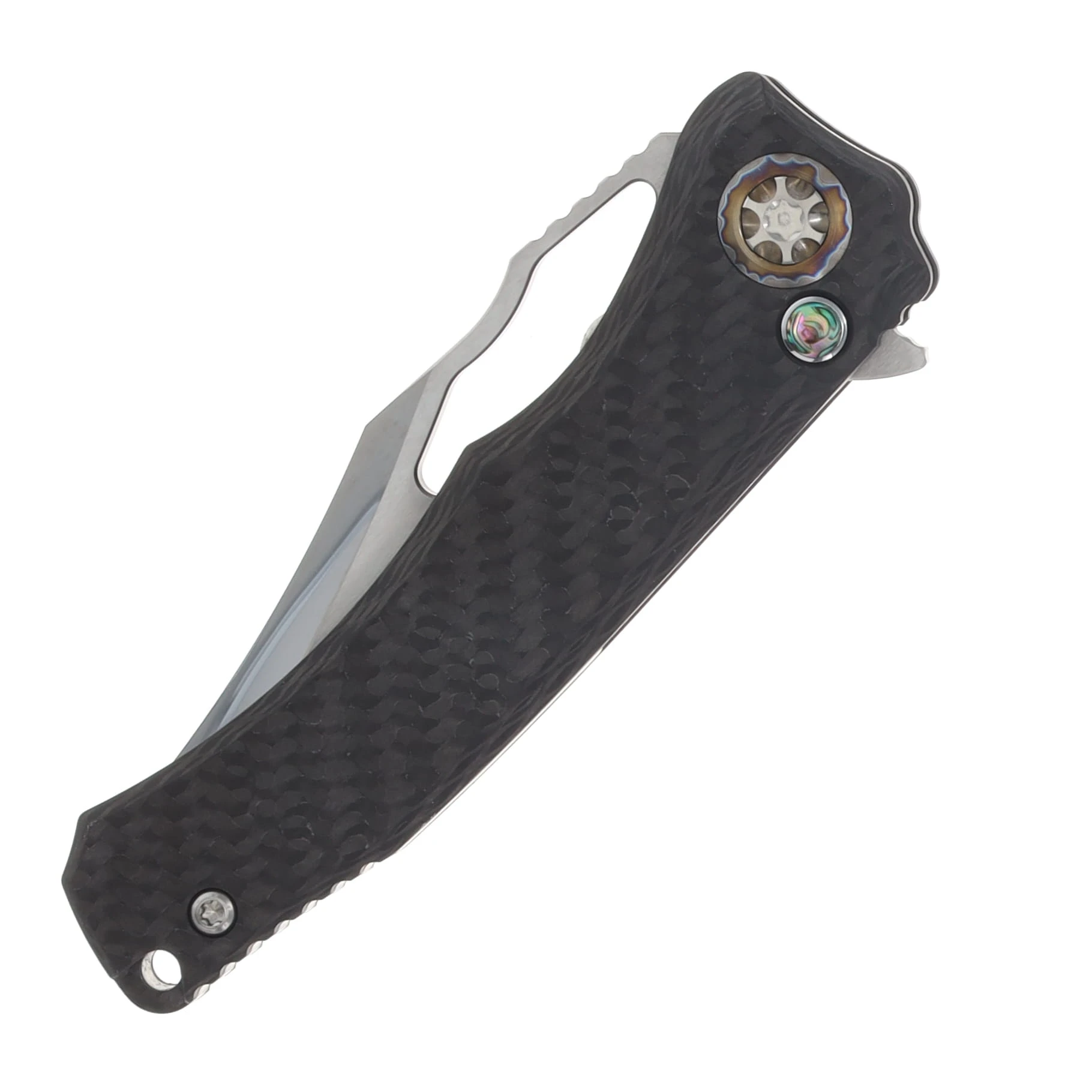 Heretic Knives Wraith Manual Carbon Fiber Handle Mother Of Pearl Button Inlay Hand Ground Bowie Cracked Ice M390 Blade HKWCF View 5