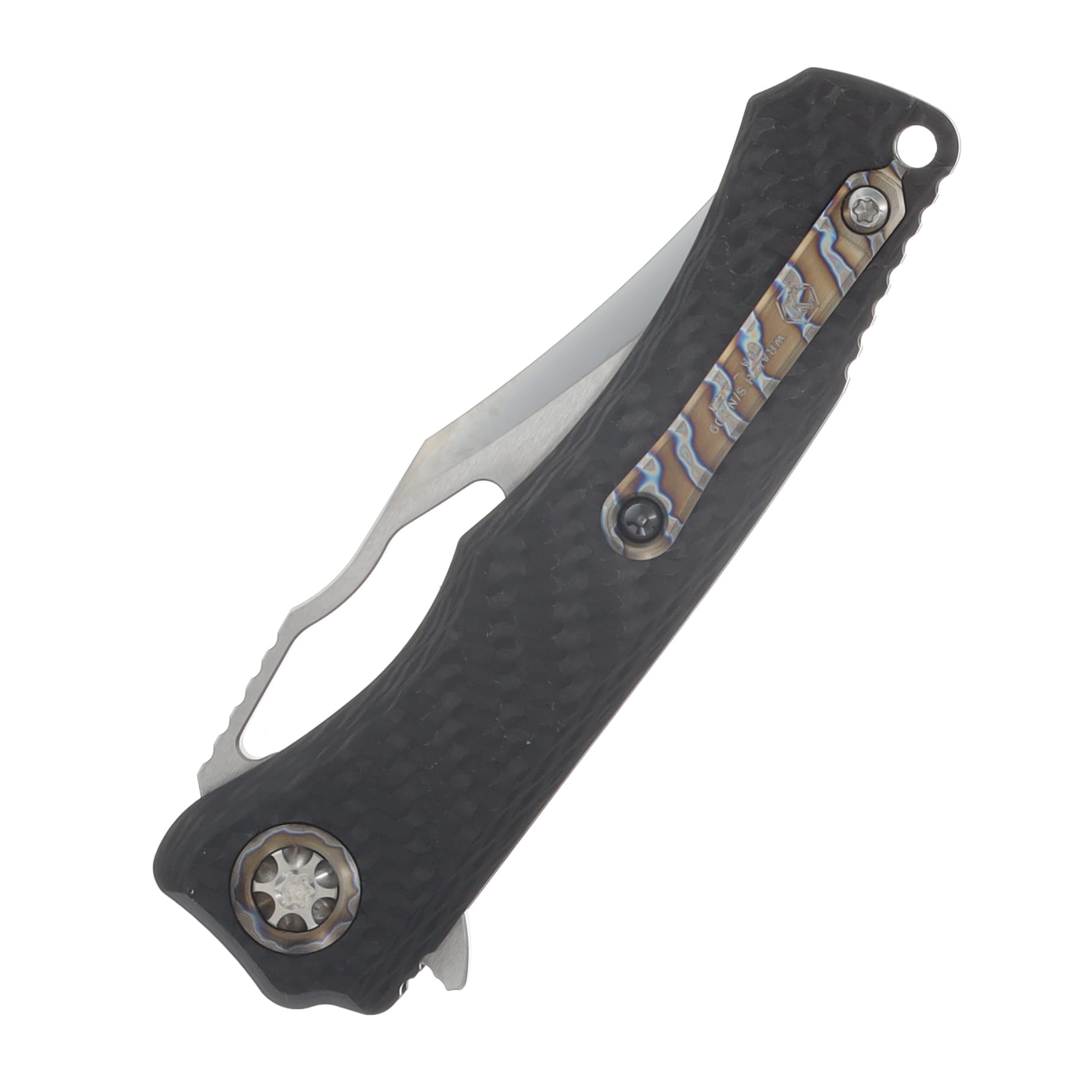 Heretic Knives Wraith Manual Carbon Fiber Handle Mother Of Pearl Button Inlay Hand Ground Bowie Cracked Ice M390 Blade HKWCF View 6