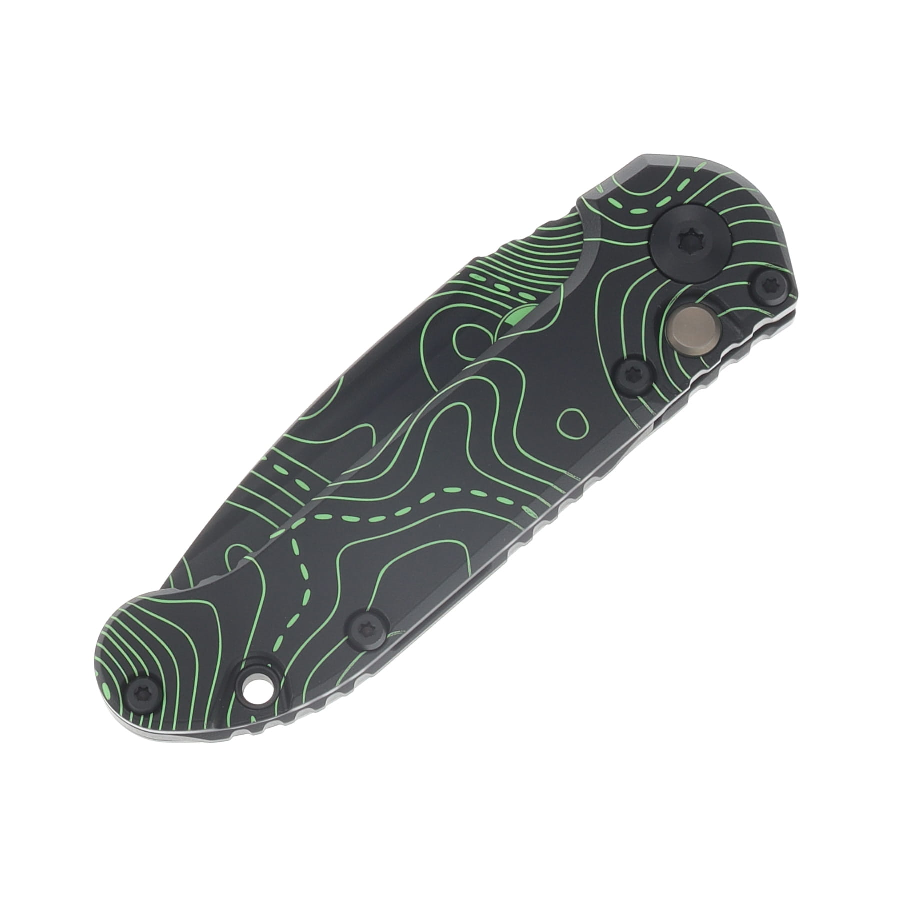 Microtech LUDT Gen III Signature Series Automatic Knife Black DLC S/E Parakeet Green Camo (drop point blade) AUMT1135S-1 TPBKPGCS View 3