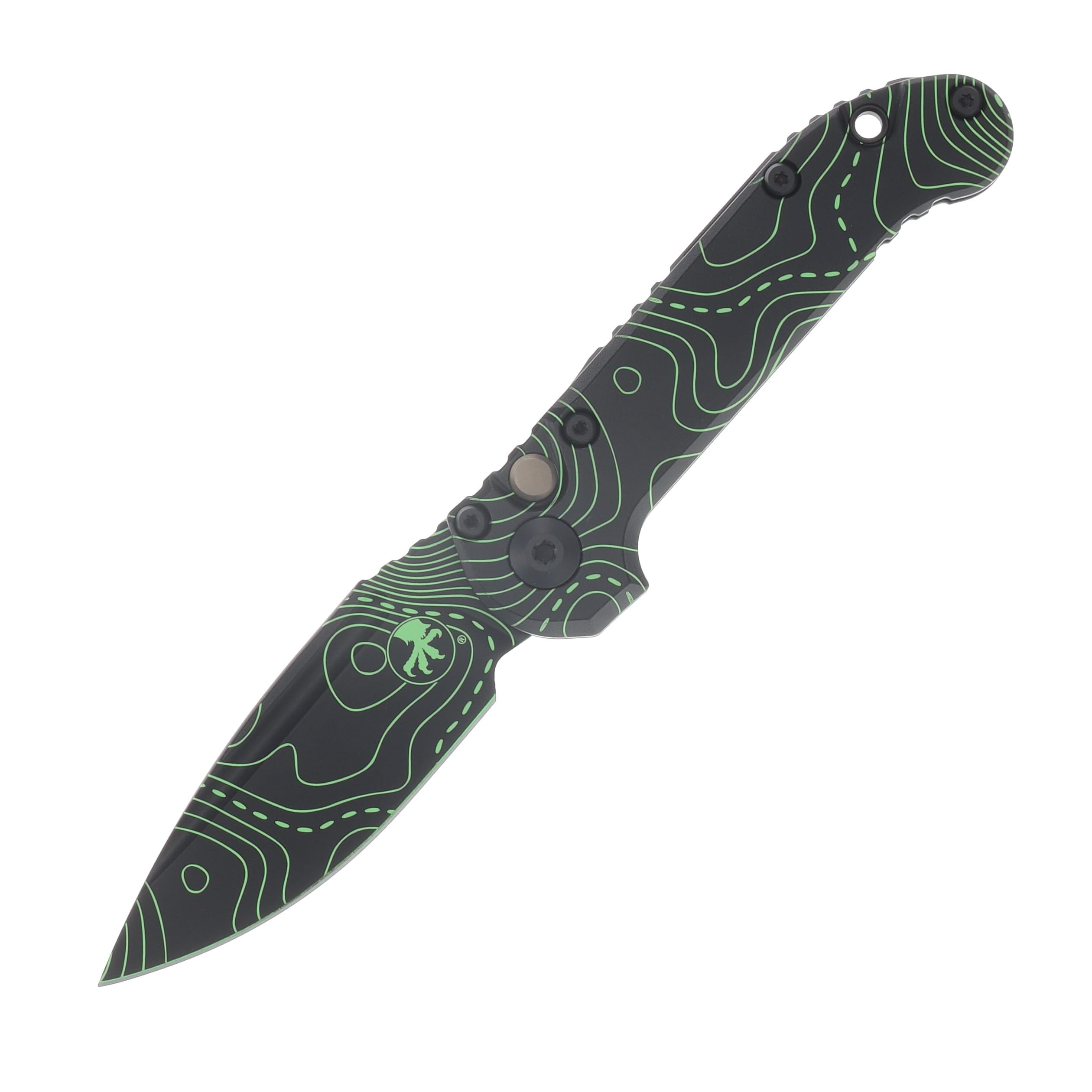 Microtech LUDT Gen III Signature Series Automatic Knife Black DLC S/E Parakeet Green Camo (drop point blade) AUMT1135S-1 TPBKPGCS View 1