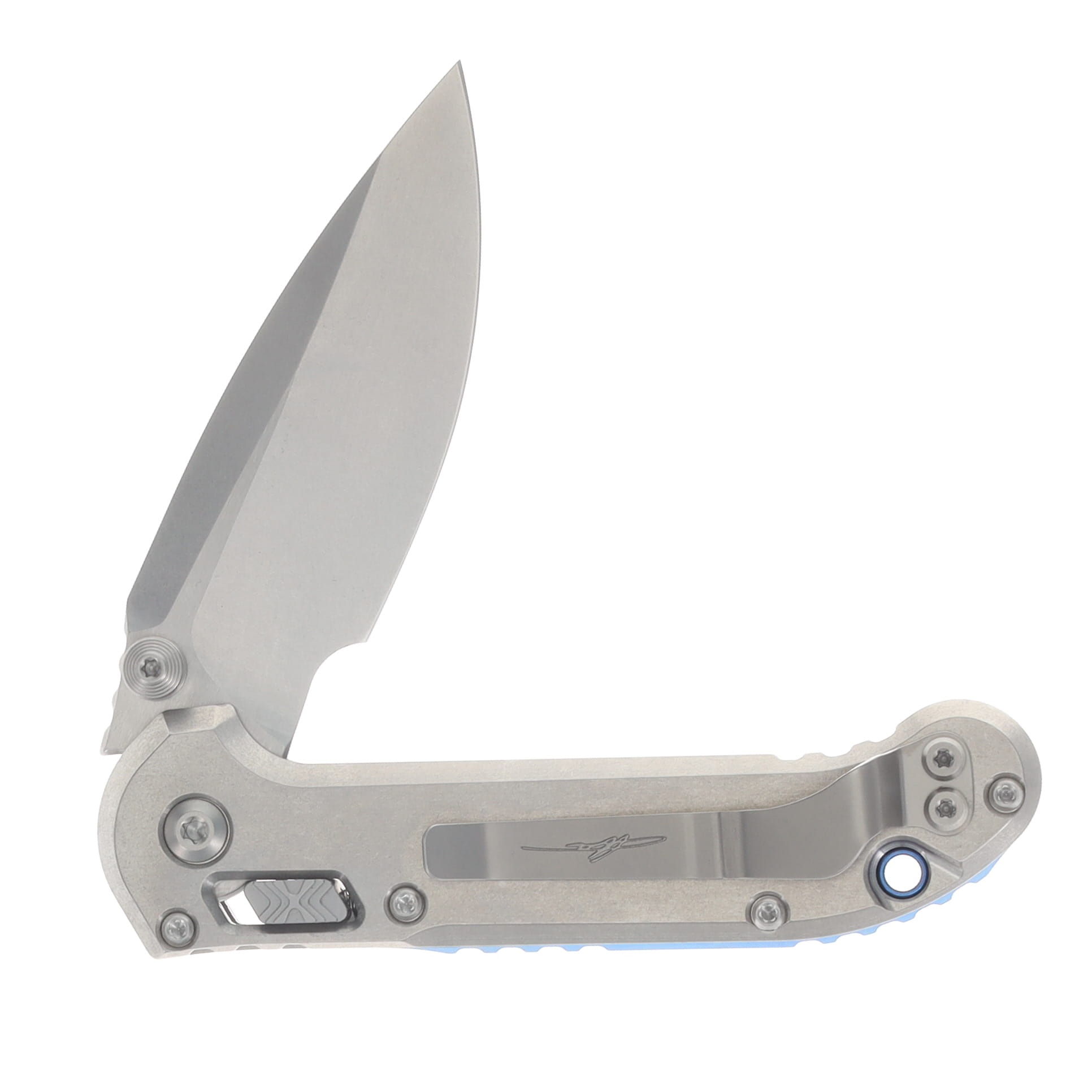 Microtech L.U.D.T Ram-Lok Marfione Stonewash Ti Slab Side Blue Accent MT1135RLS-10MS2 View 4