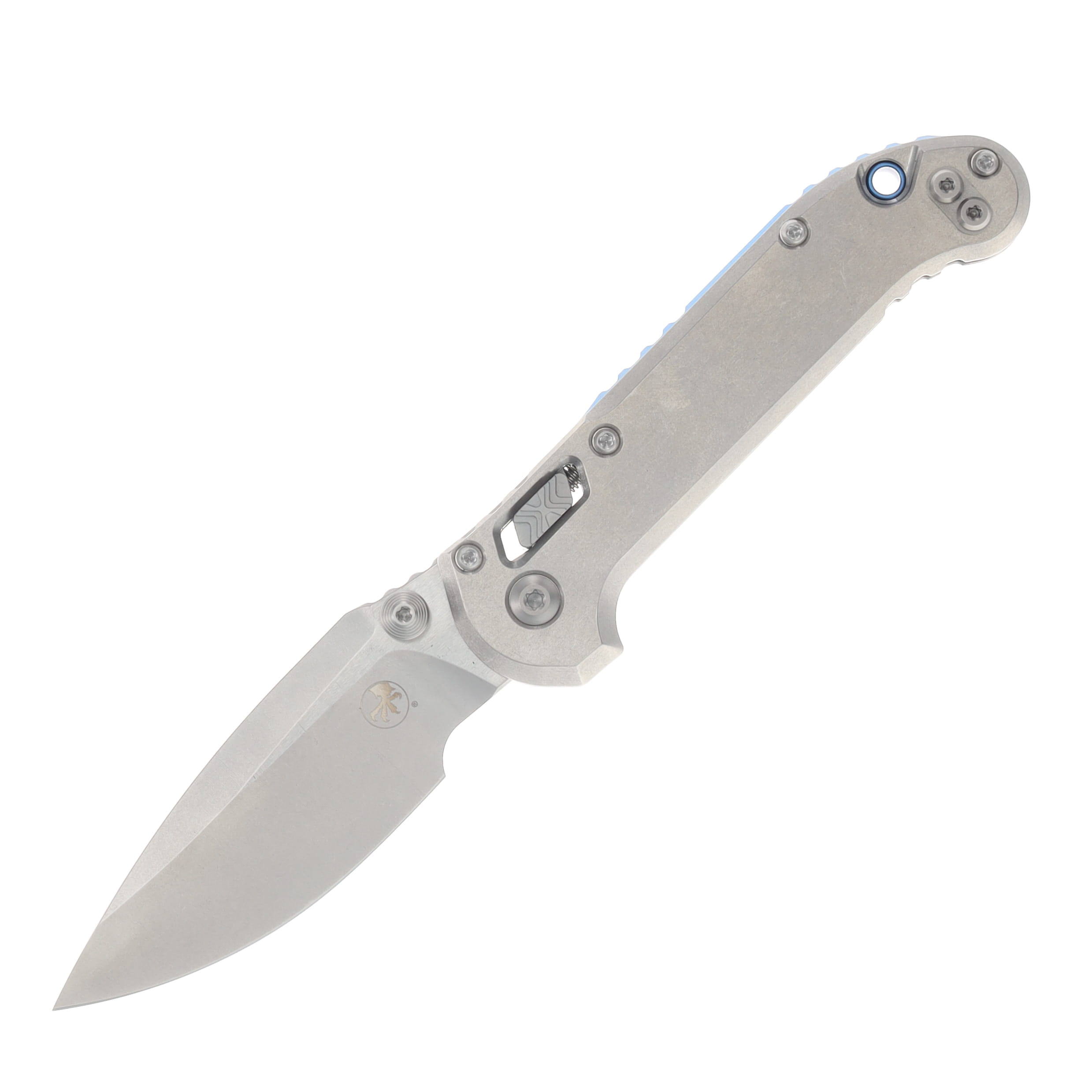 Microtech L.U.D.T Ram-Lok Marfione Stonewash Ti Slab Side Blue Accent MT1135RLS-10MS2 View 1