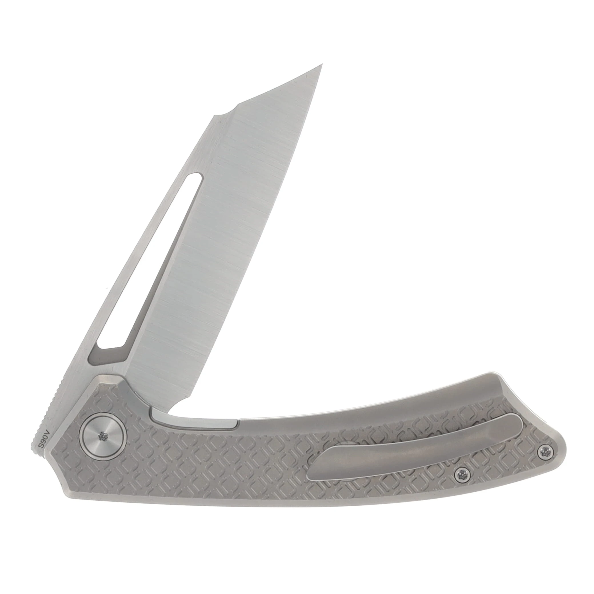 Gecko Customz Knifeworks Pictus XL Folder Diamond Frag Milled Stonewash TI - S90V Belt Satin PICTUSXLDFSW View 4