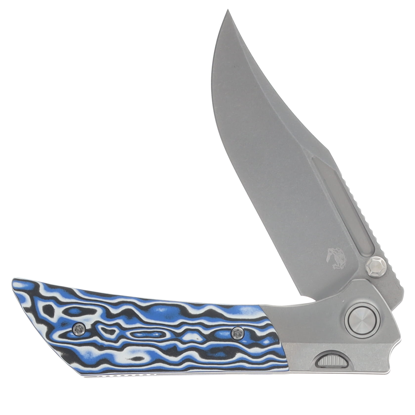 Gecko Customz Knifeworks Dune A5 Folder Stonewash/Blue Gmascus - M390 Belt Satin DUNEA5 View 3