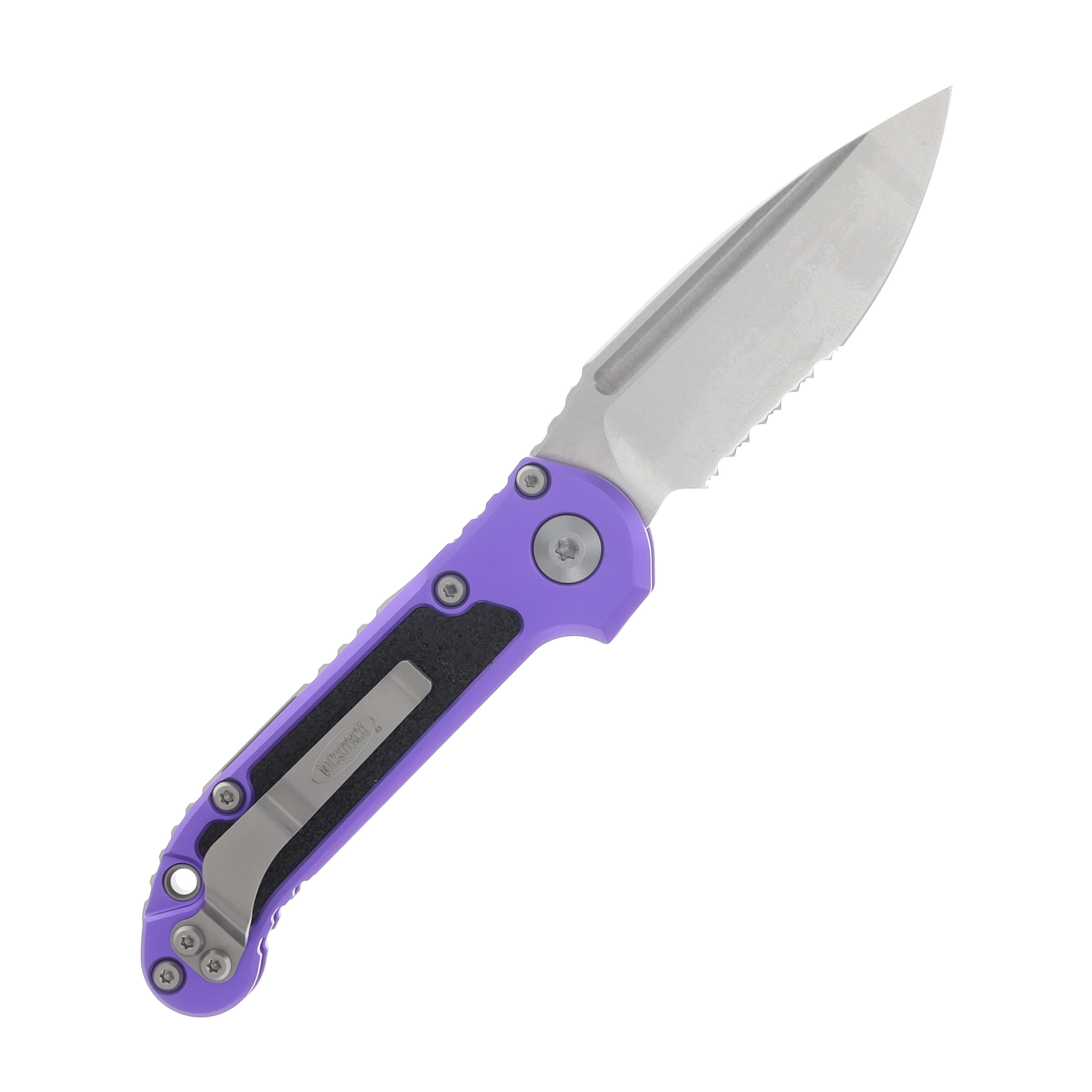 Microtech LUDT Gen III Automatic Knife Stonewash Partially Serrated S/E Purple AUMT113511PU View 2