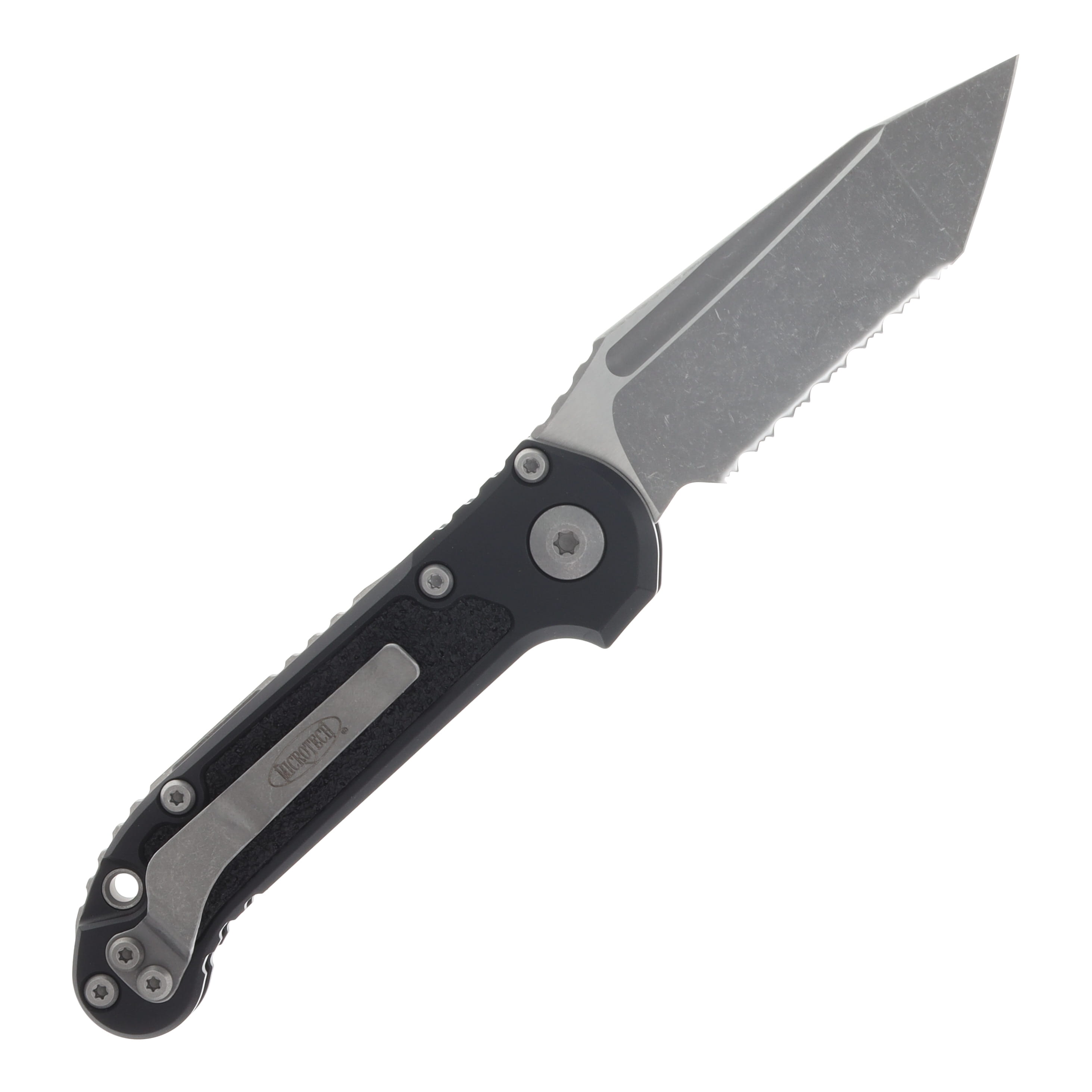 Microtech LUDT Gen III Automatic Knife Serrated Apocalyptic T/E Black AUMT113612AP View 2