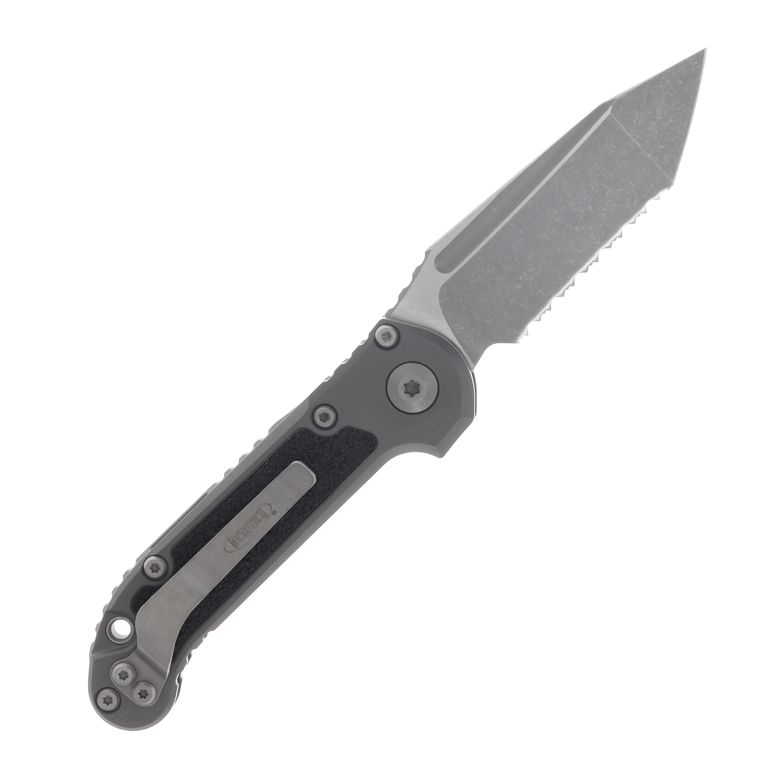 Microtech LUDT Gen III Automatic Knife Serrated Apocalyptic T/E Natural Clear Aluminum AUMT113612APNC View 2