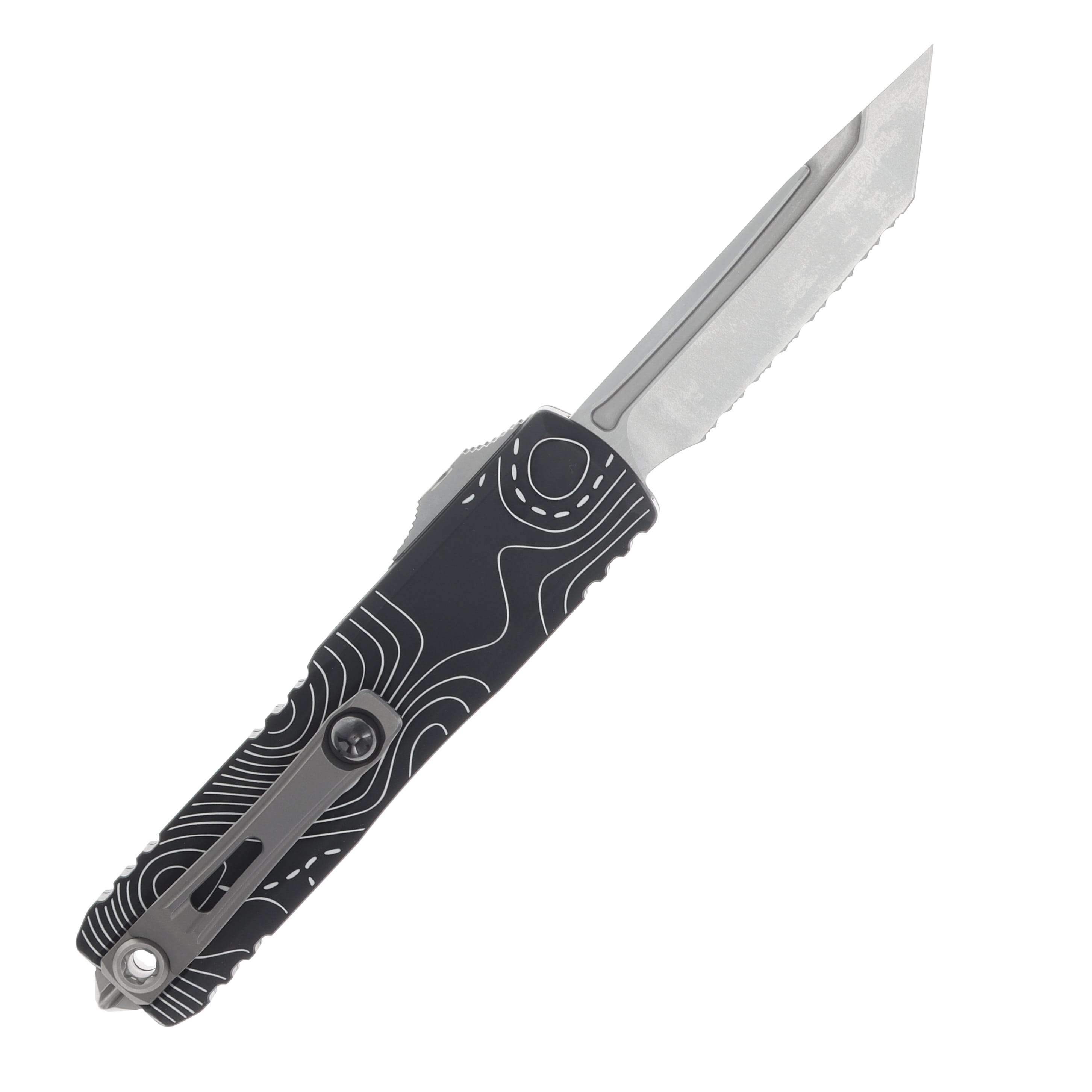 Microtech UTX-85 Gen IV Tanto Stonewash Full Serrated Topographic Black AUMT1233412TP View 2