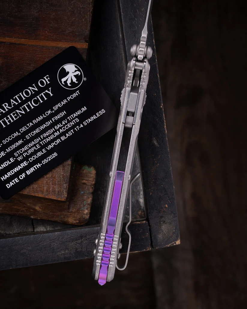Microtech Socom Delta RAM-LOK Spear Point MS Folder STNWSH- STNWSH TI W/ Purple View 13
