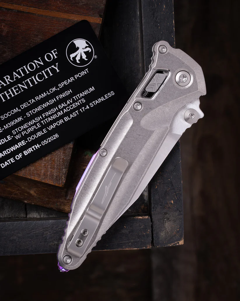 Microtech Socom Delta RAM-LOK Spear Point MS Folder STNWSH- STNWSH TI W/ Purple View 12