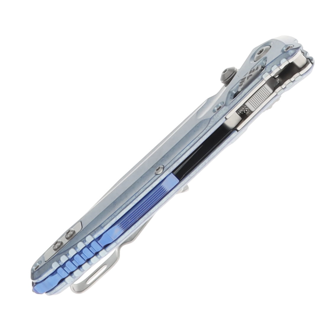 Microtech Socom Delta RAM-LOK Spear Point MS Folder STNWSH-Ice Blue Anodized TI W/ Blue AUMT159RL10SMS7 View 7