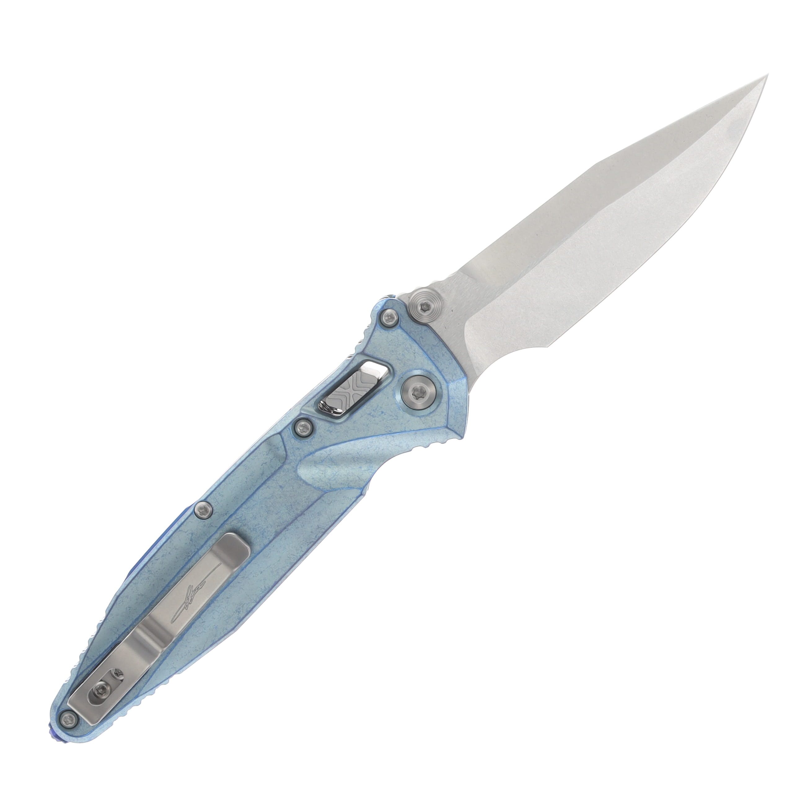 Microtech Socom Delta RAM-LOK Spear Point MS Folder STNWSH-Ice Blue Anodized TI W/ Blue AUMT159RL10SMS7 View 2
