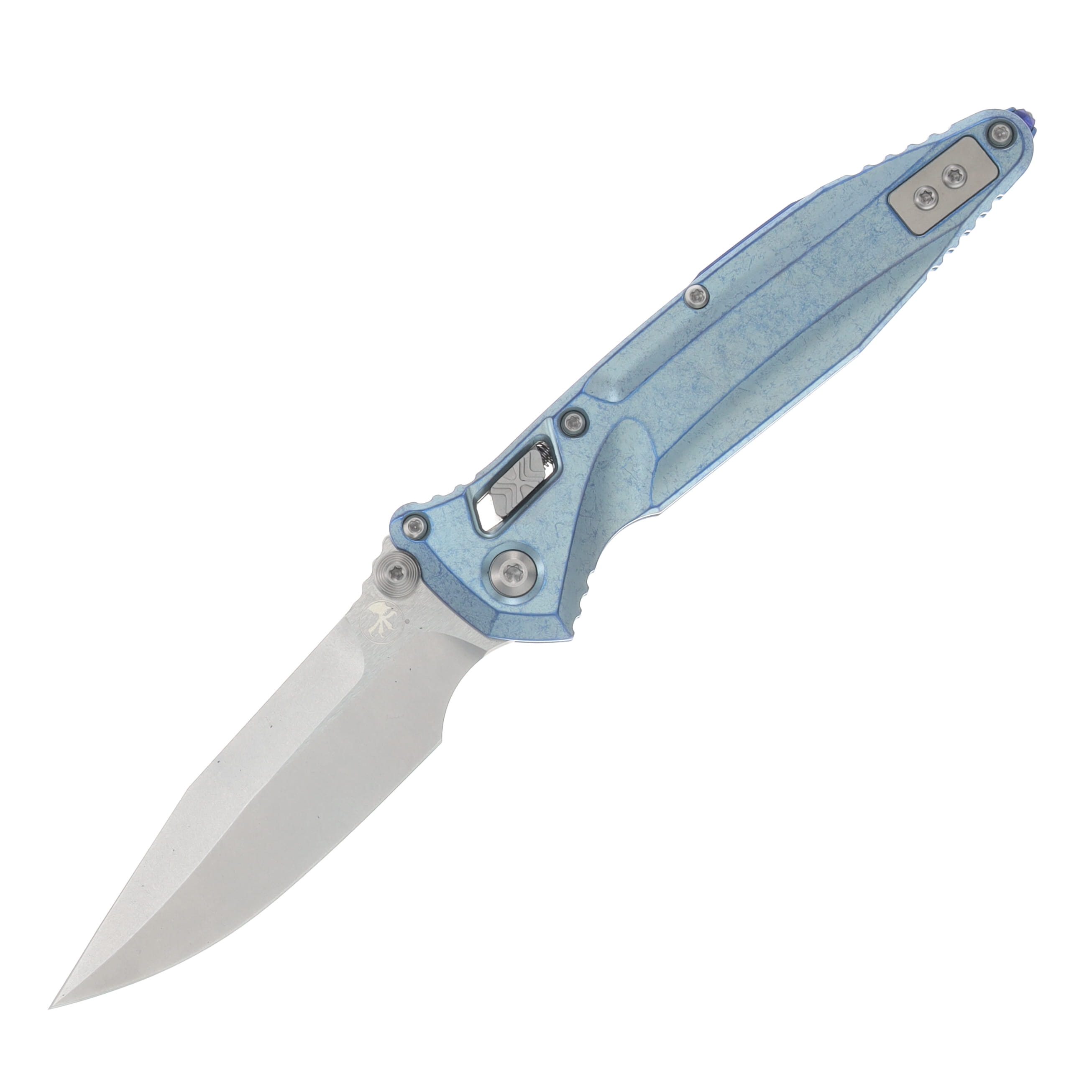 Microtech Socom Delta RAM-LOK Spear Point MS Folder STNWSH-Ice Blue Anodized TI W/ Blue AUMT159RL10SMS7 View 1
