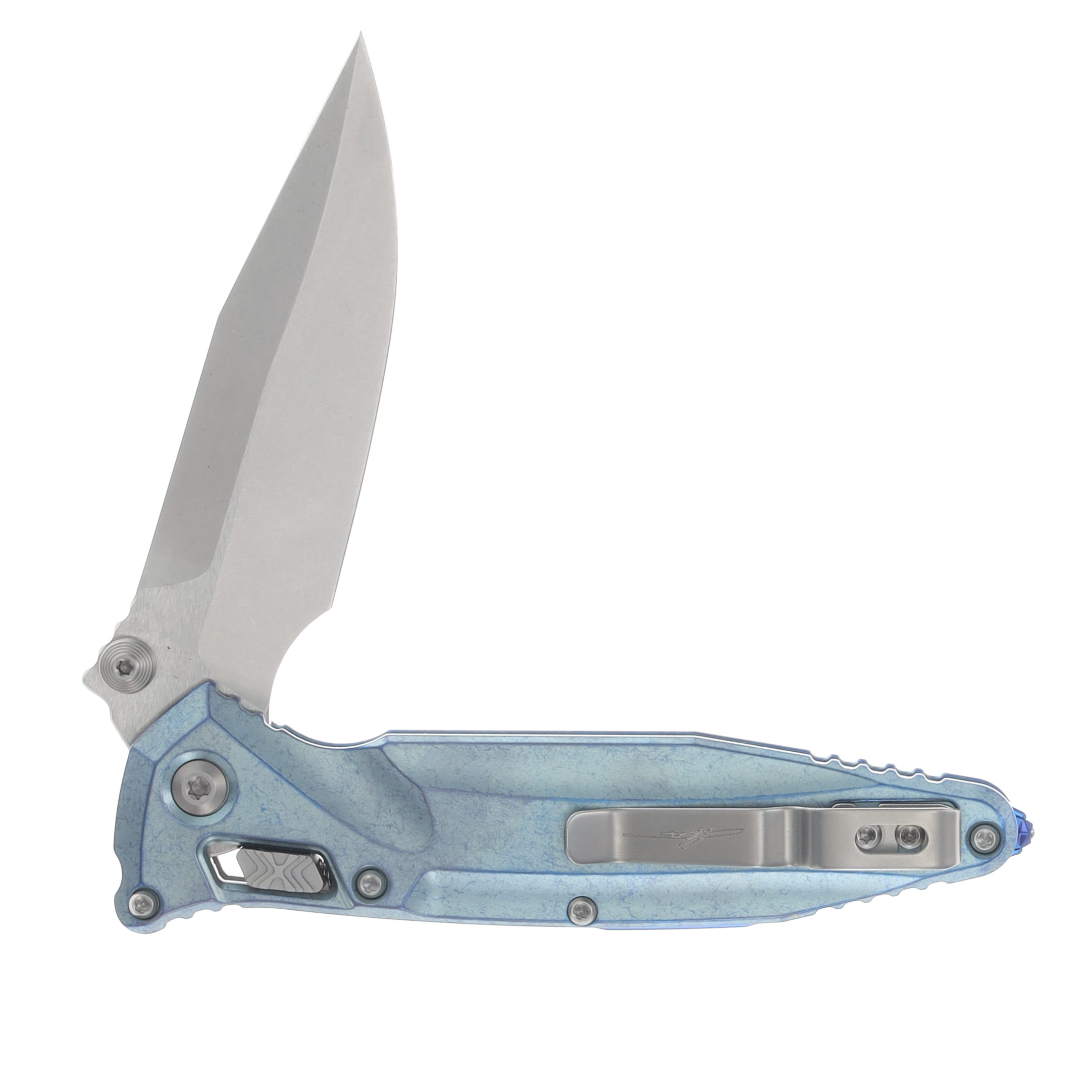 Microtech Socom Delta RAM-LOK Spear Point MS Folder STNWSH-Ice Blue Anodized TI W/ Blue AUMT159RL10SMS7 View 4