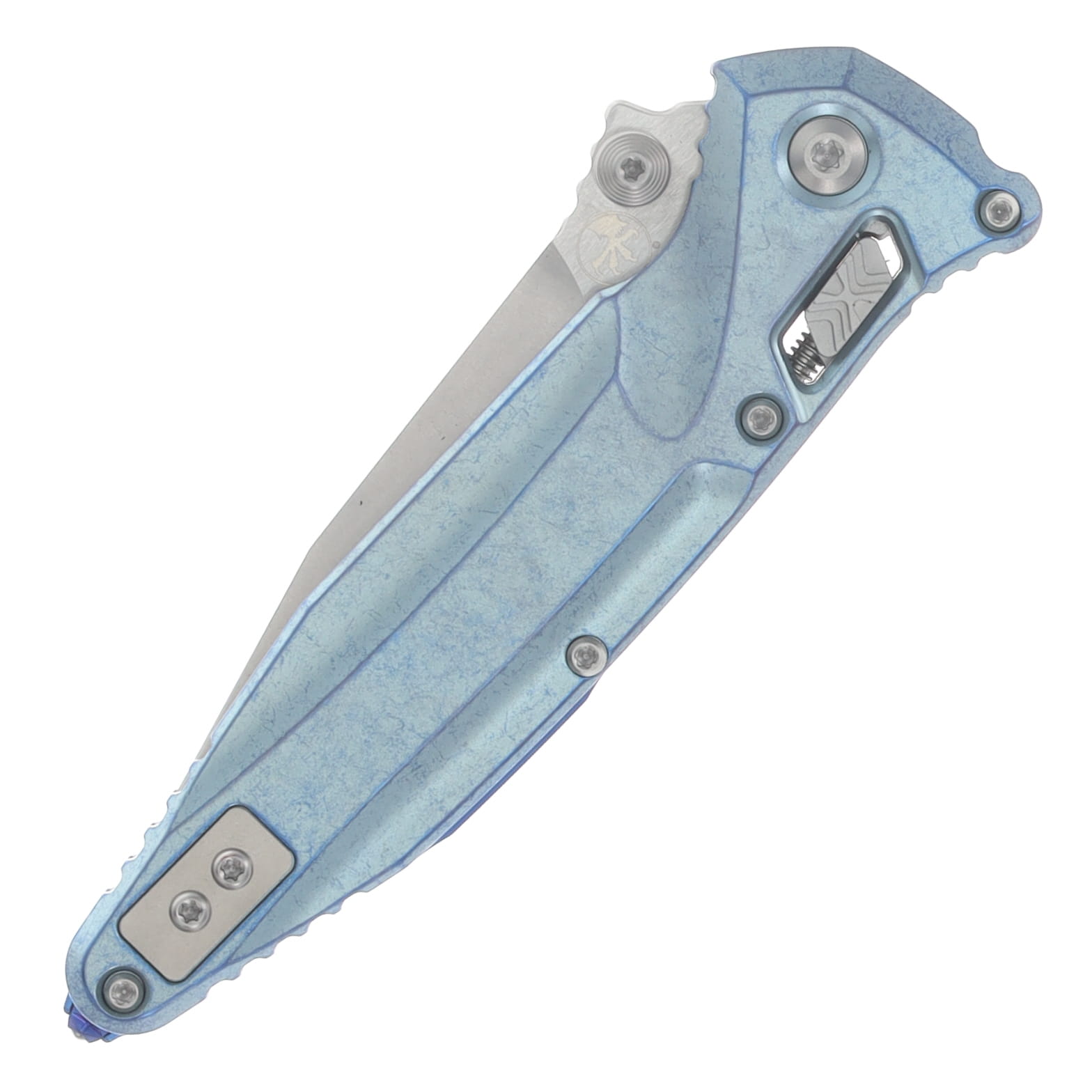 Microtech Socom Delta RAM-LOK Spear Point MS Folder STNWSH-Ice Blue Anodized TI W/ Blue AUMT159RL10SMS7 View 5