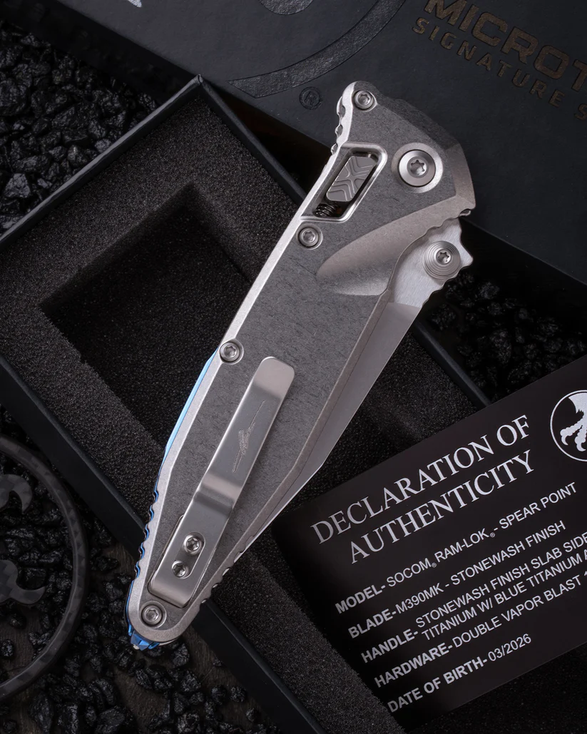 Microtech Socom RAM-LOK Spear Point MS Folder STNWSH- STNWSH TI W/Blue TI Accent MT160RLS10SMS3 View 12