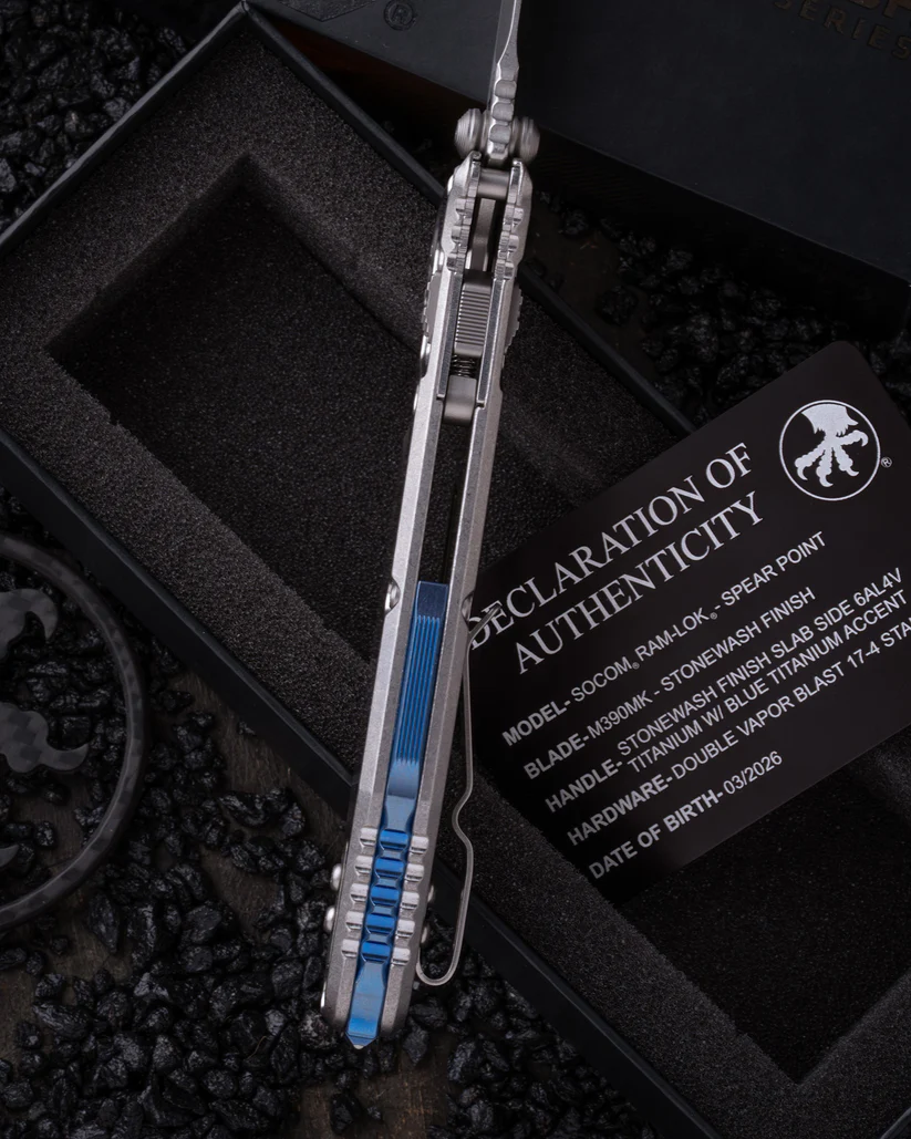 Microtech Socom RAM-LOK Spear Point MS Folder STNWSH- STNWSH TI W/Blue TI Accent MT160RLS10SMS3 View 13
