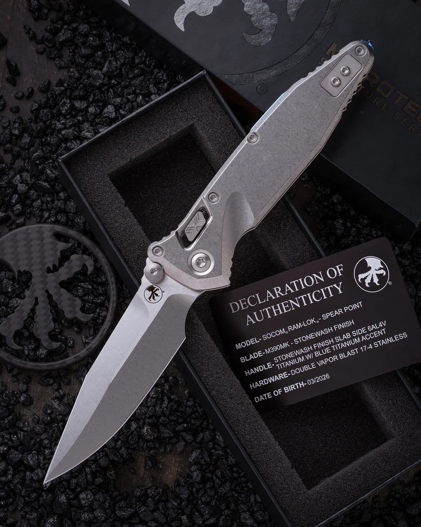 Microtech Socom RAM-LOK Spear Point MS Folder STNWSH- STNWSH TI W/Blue TI Accent MT160RLS10SMS3 View 11