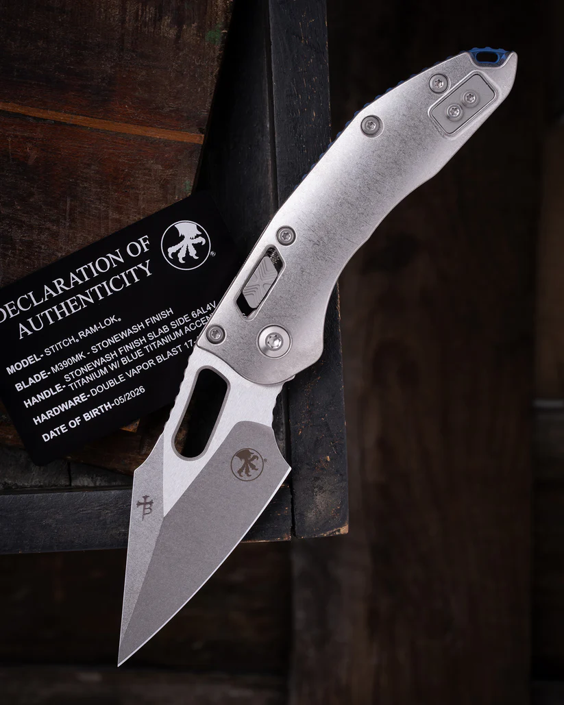 Microtech Stitch RAM-LOK MS Folder STNWSH-STNWSH Slab Side TI W/Blue AUMT169RL10MS2 View 11