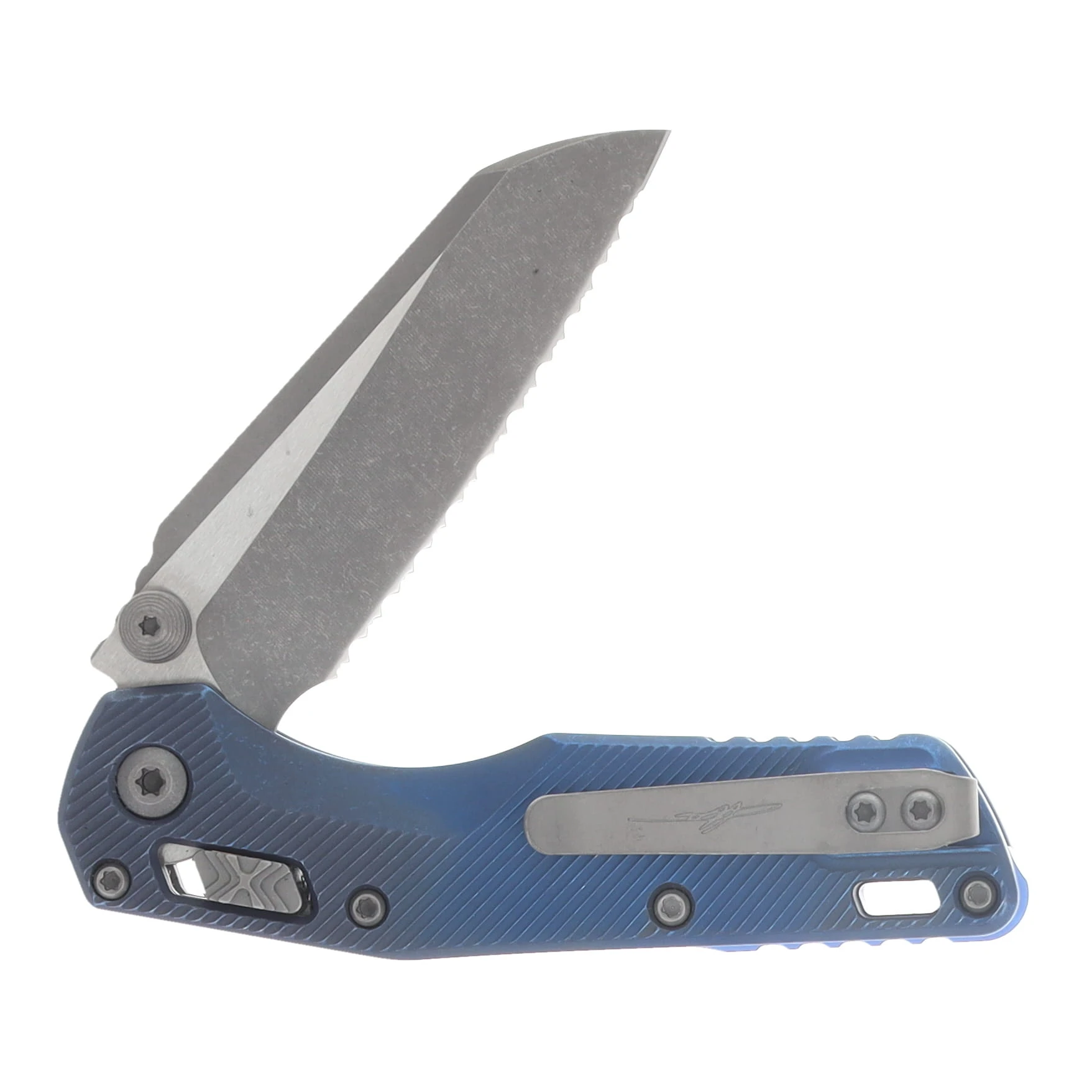 Marfione Select MSI Mini RAM-LOK Folding Knife Apocalyptic Serrated/Antique Blue Fluted Titanium with Blue Titanium Accents MT210M12APFLMS2 View 4