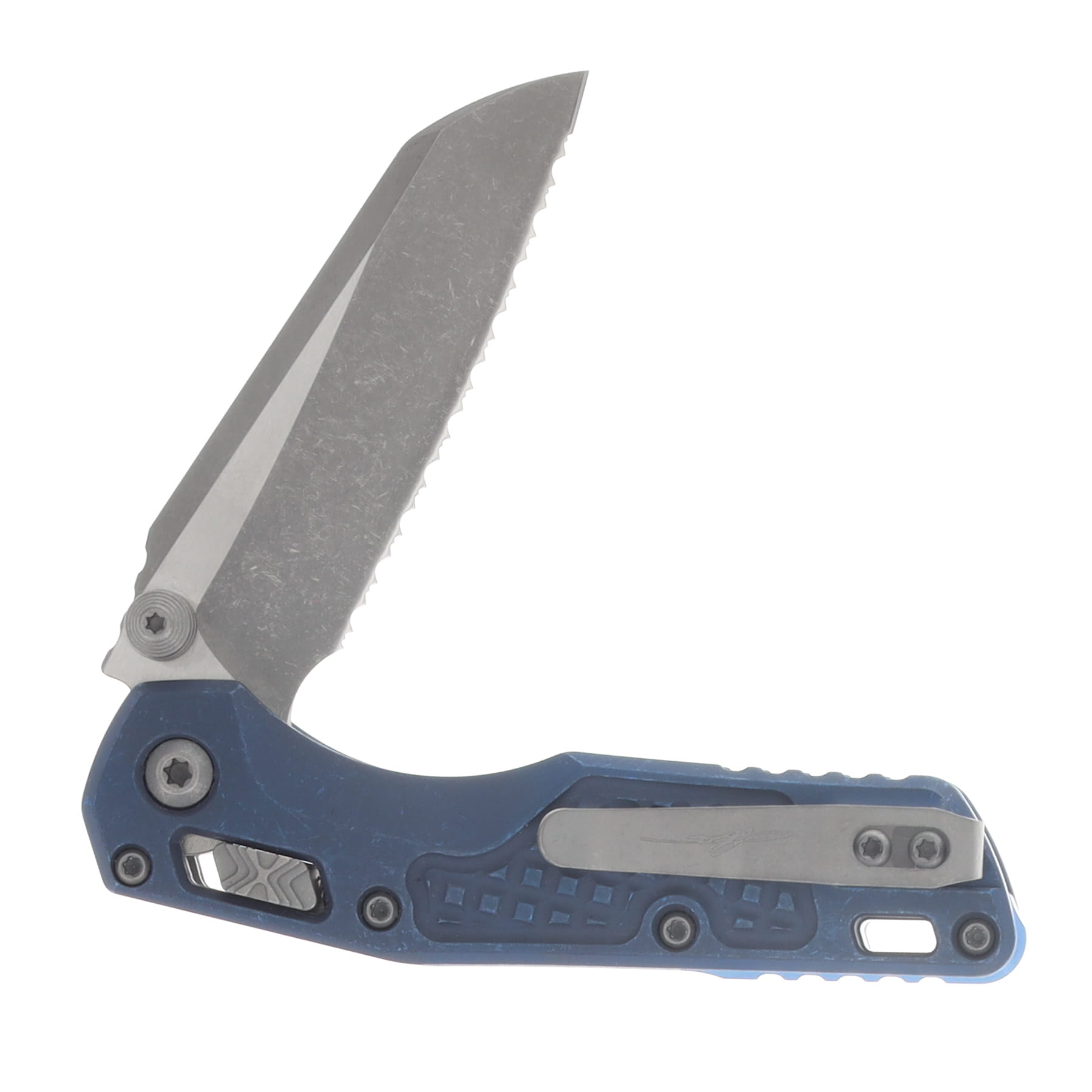 Marfione Select MSI Mini RAM-LOK Folding Knife Serrated Apocalyptic/Antique Blue Frag Titanium with Blue Titanium Accents MT210M12APFRMS2 View 4