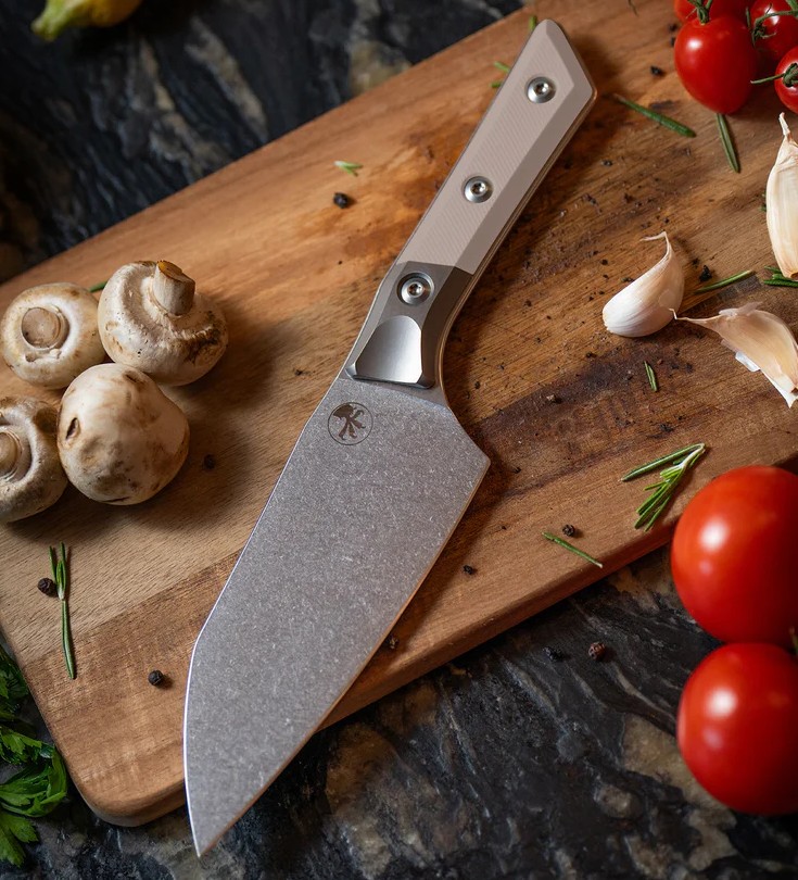 Microtech 6" Santoku Knife Stonewash M390MK/Coyote Tan G-10 with Titanium Bolsters MT3200B10CE View 6
