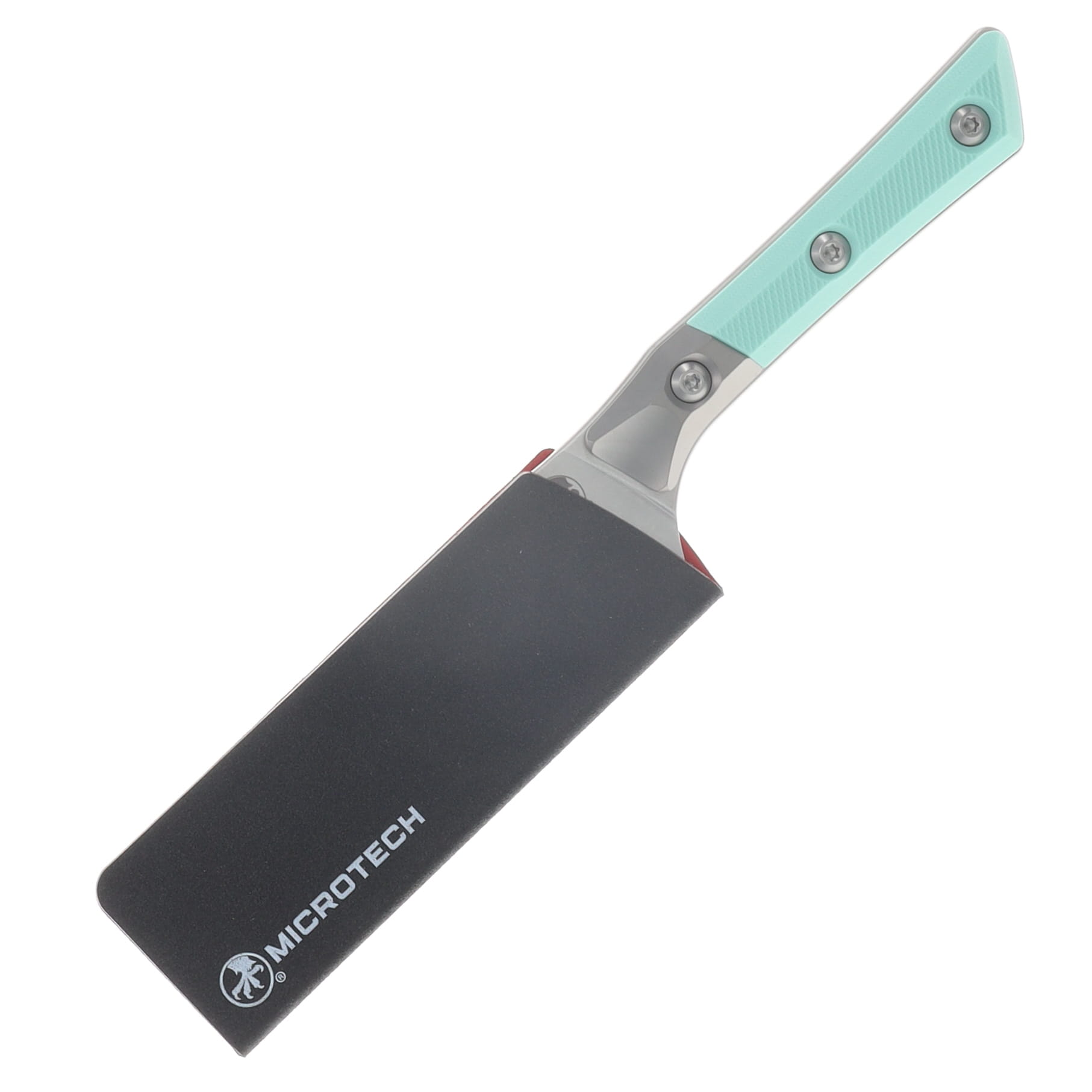 Microtech 4.2" Santoku Knife Stonewash M390MK/Caribbean Blue G-10 with Bead Blast Titanium Bolsters MT3300B10CA View 4