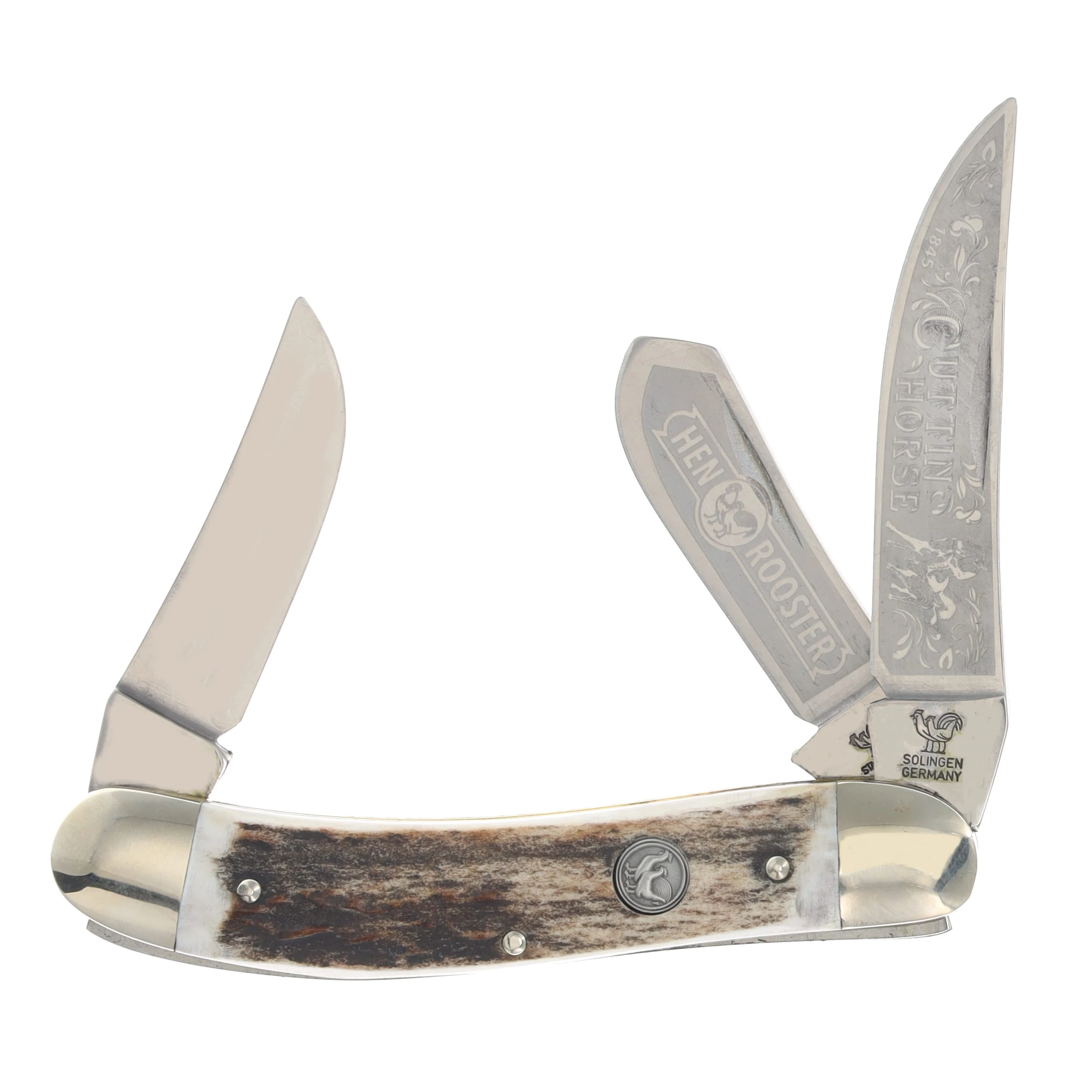 Hen & Rooster Deer Stag Cuttin Horse Sowbelly Folding Knife HR213DSCUT View 1