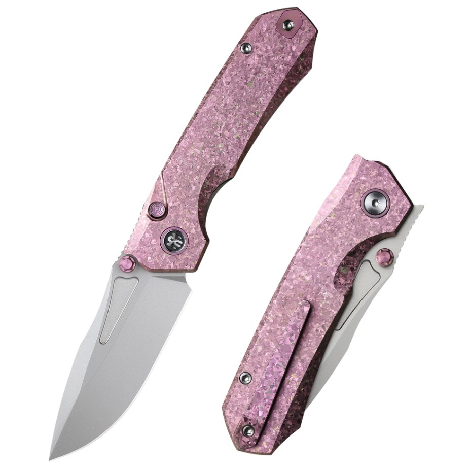 Remette Knives Rhino Button Linerlock Folding Knife Pink Crystallized Titanium RNTB1 View 1
