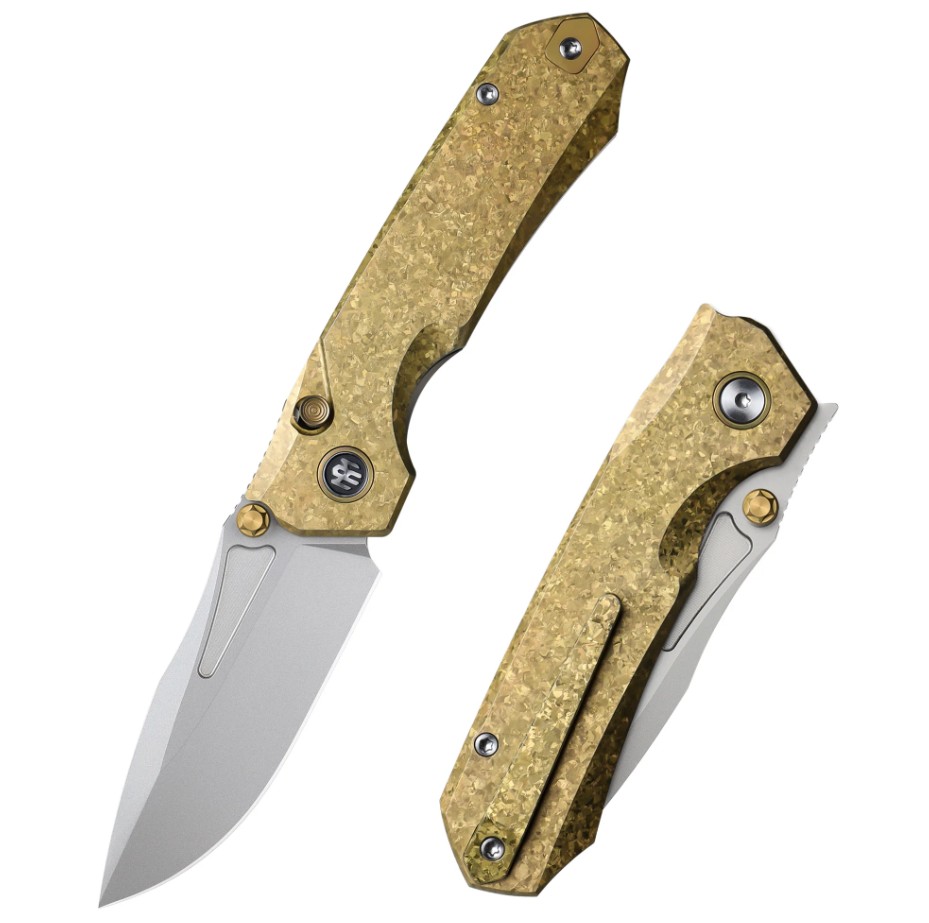 Remette Knives Rhino Button Linerlock Folding Knife Gold Crystallized Titanium RNTB2 View 1