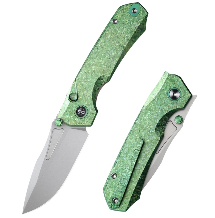 Remette Knives Rhino Button Linerlock Folding Knife Green Crystallized Titanium RNTB4 View 1