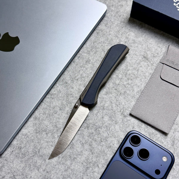 Piratech Saga Folder Titanium Handle W/ Richlite Inlay Hand Strip Satin S90V Blade S01 View 1