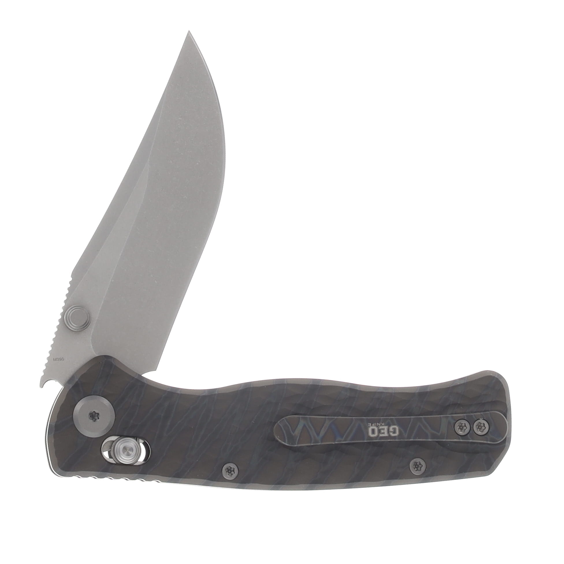 GEO Knife Sharp Shadow Axis Lock Folding Knife SW M390 - Tiger Stripe Flamed TI GEO2504C View 3