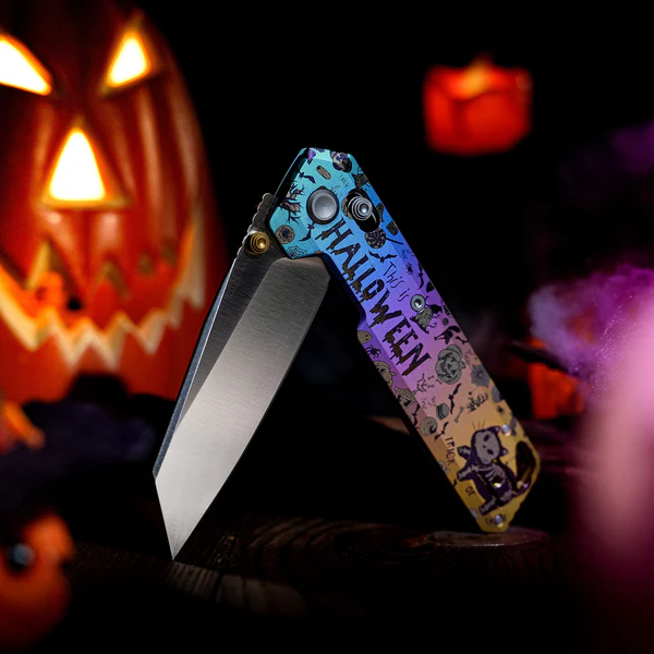 Vosteed Parallel Folder S35VN Satin Blade Halloween Spooky Purr Titanium Handle A3517 View 1