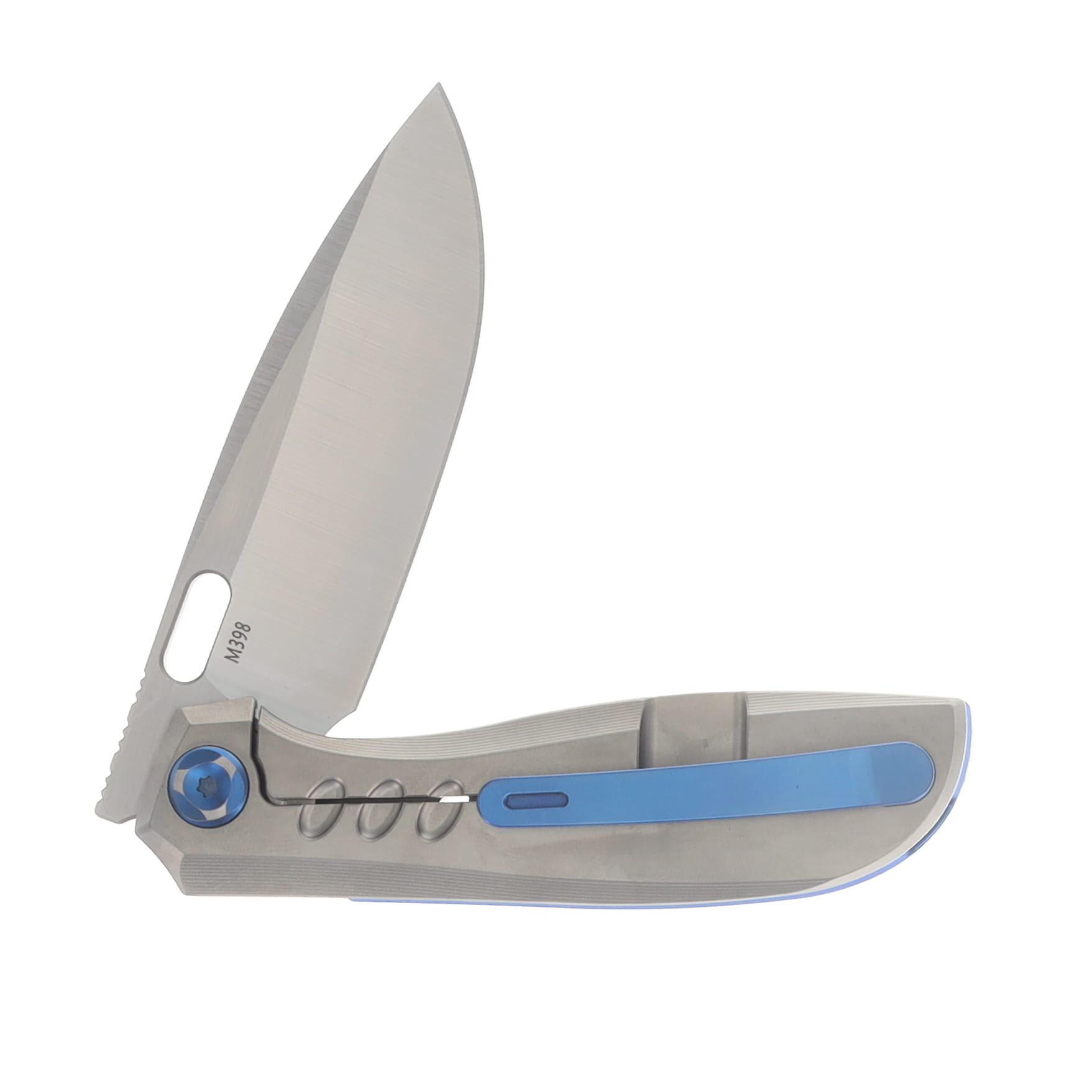 Poikilo Blade Gecko Folding Knife Standard PSW V4 TI Handle W/5 Ovals-Blue Accent M398 Blade POIBGECSPSWV45OVL View 4